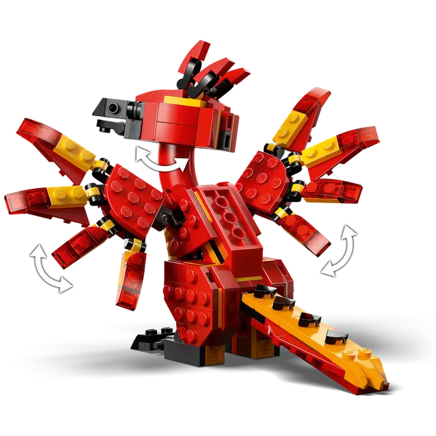 Een rode en gele Lego vogel met beweegbare vleugels en staart, tegen een witte achtergrond.
