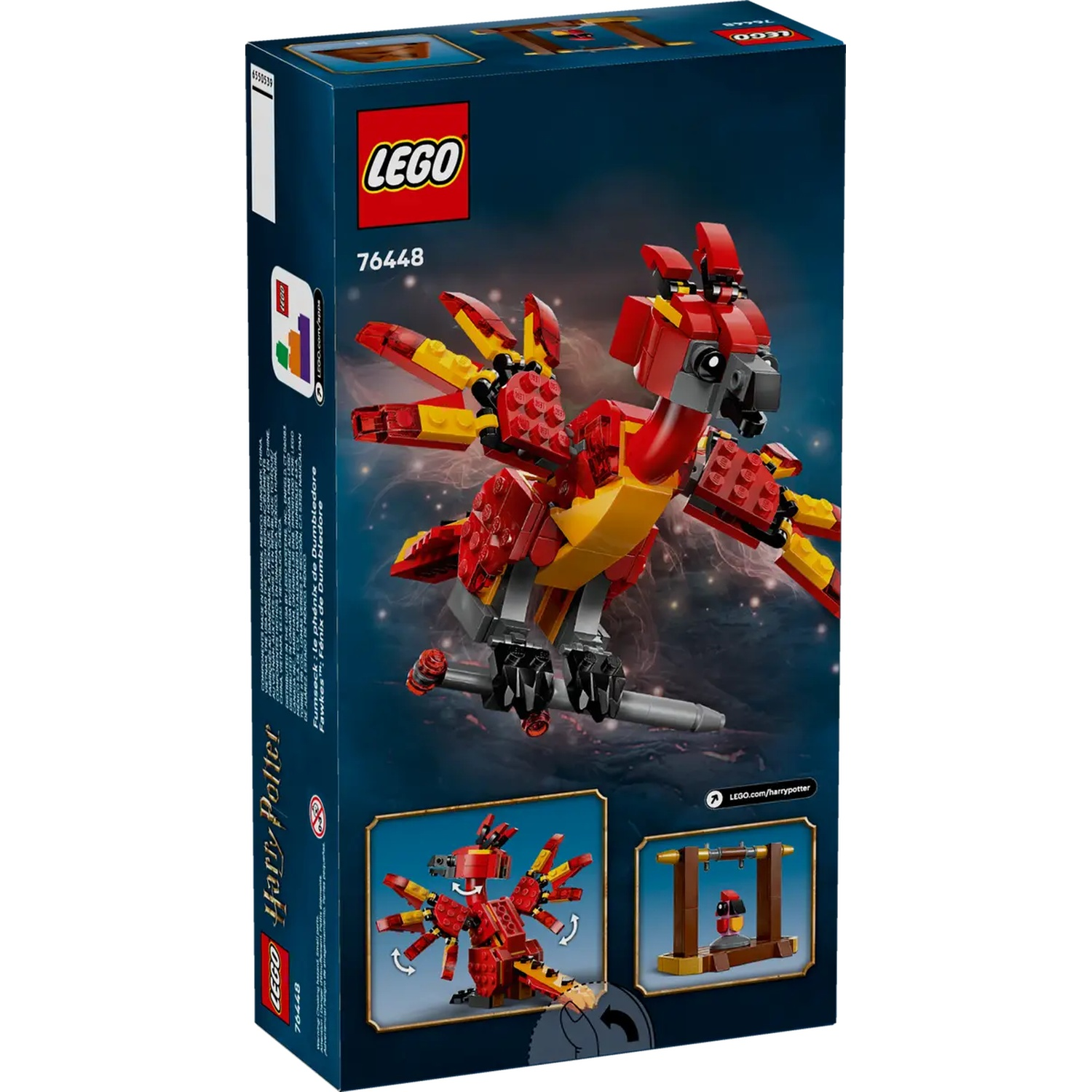De achterkant van een Lego doos. In het midden staat een rode en gele feniks van Lego stenen. De doos is donkerblauw.