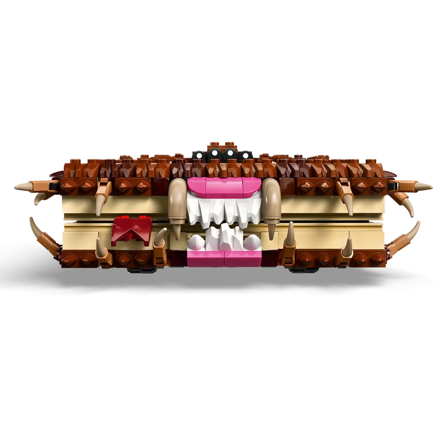A Lego model depicting an open mouth. It has brown teeth, pink gums, and white teeth. The background is white.