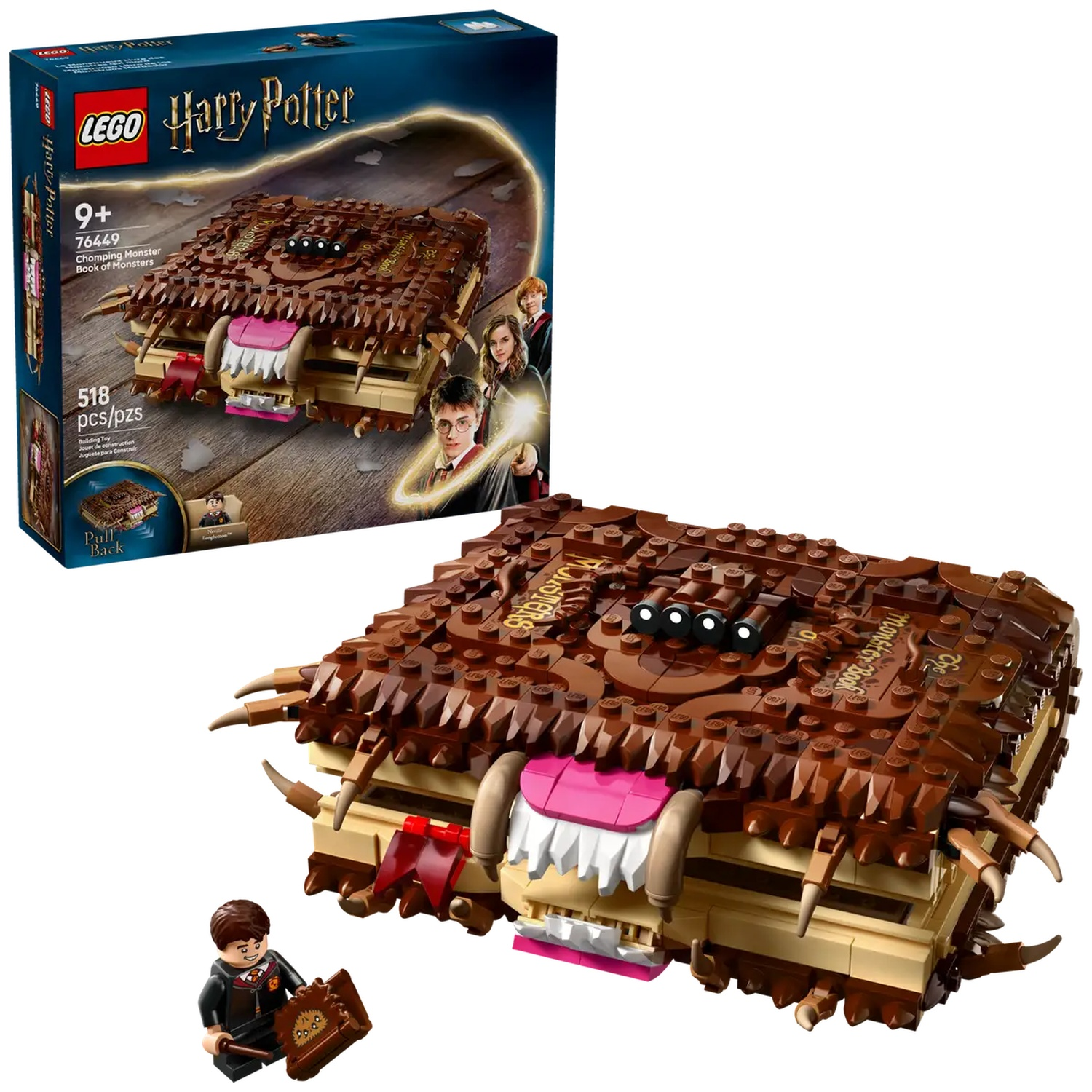 A Lego set of the Harry Potter 'Monster Book of Monsters', with a minifigure, and the box art in the background.