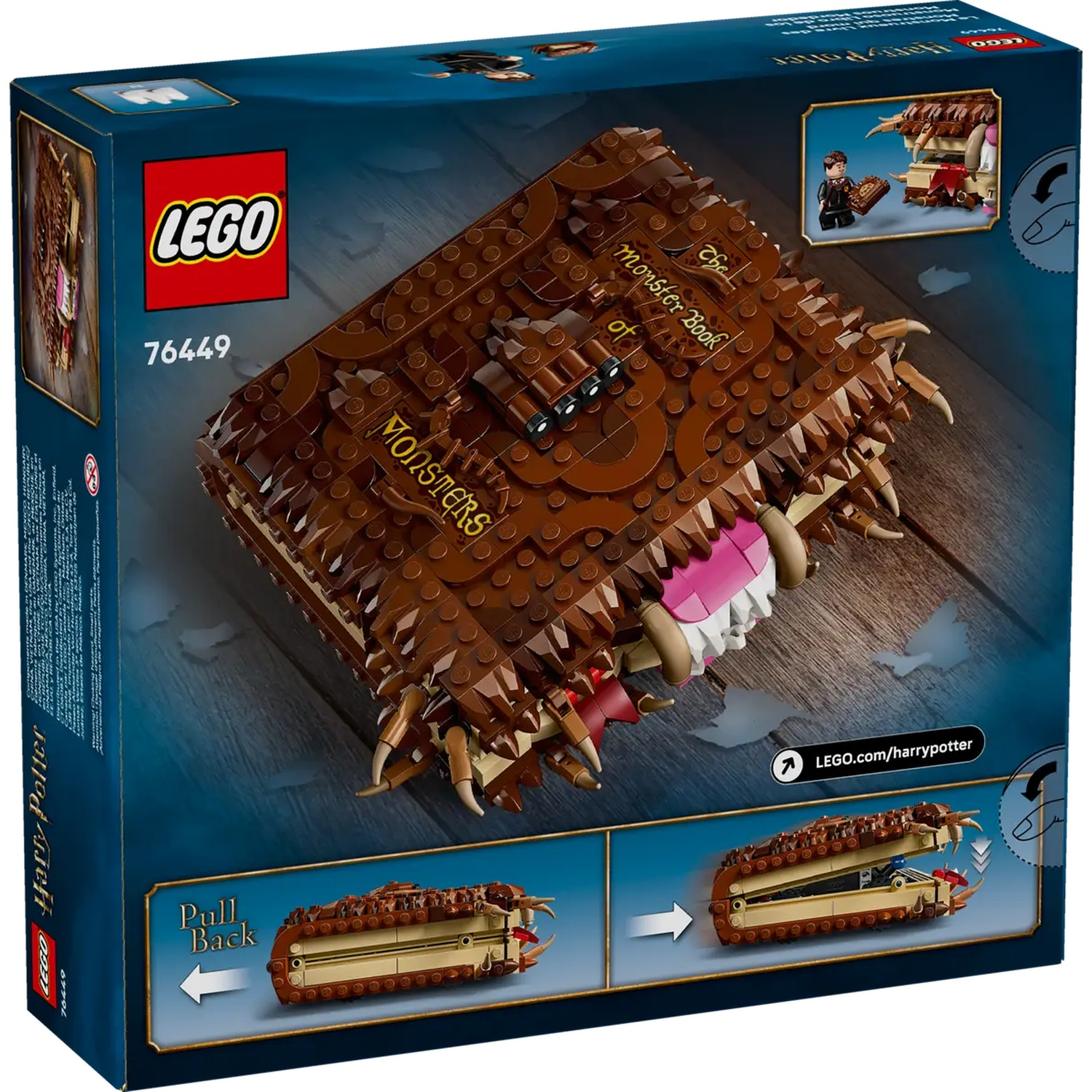 The LEGO Harry Potter Monster Book of Monsters set box. It shows a brown book with teeth and claws. LEGO logo is visible.