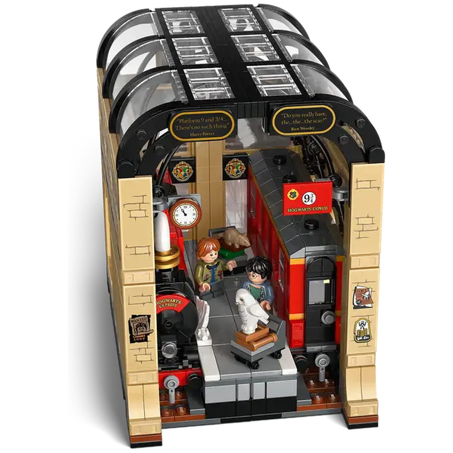 A Lego set of Platform 9 3/4 with train, figures, and an owl. Includes quotes from Harry Potter. Red train, brick walls, and arched roof.
