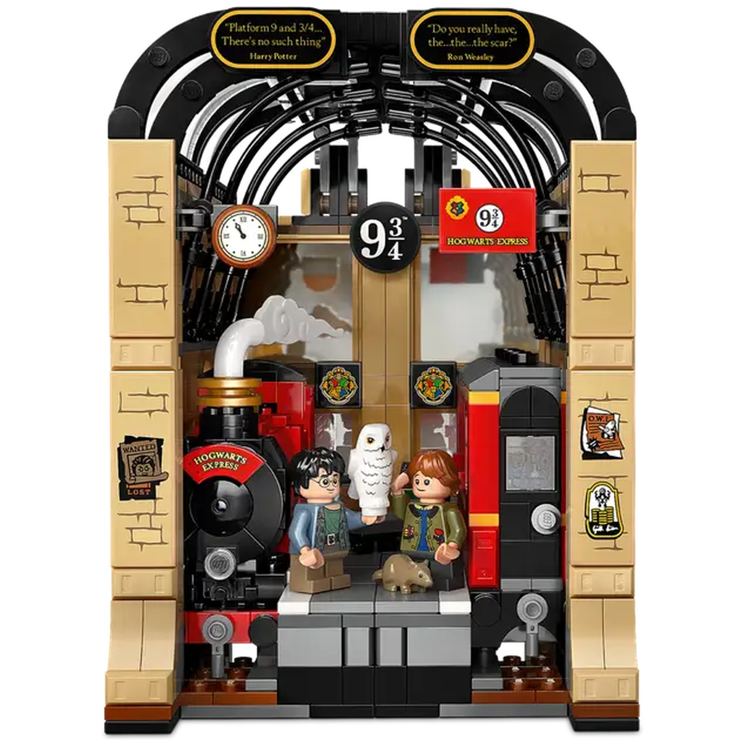 Lego set of Platform 9 3/4 from Harry Potter. Includes a train, figures, and signs. Features the Hogwarts Express.