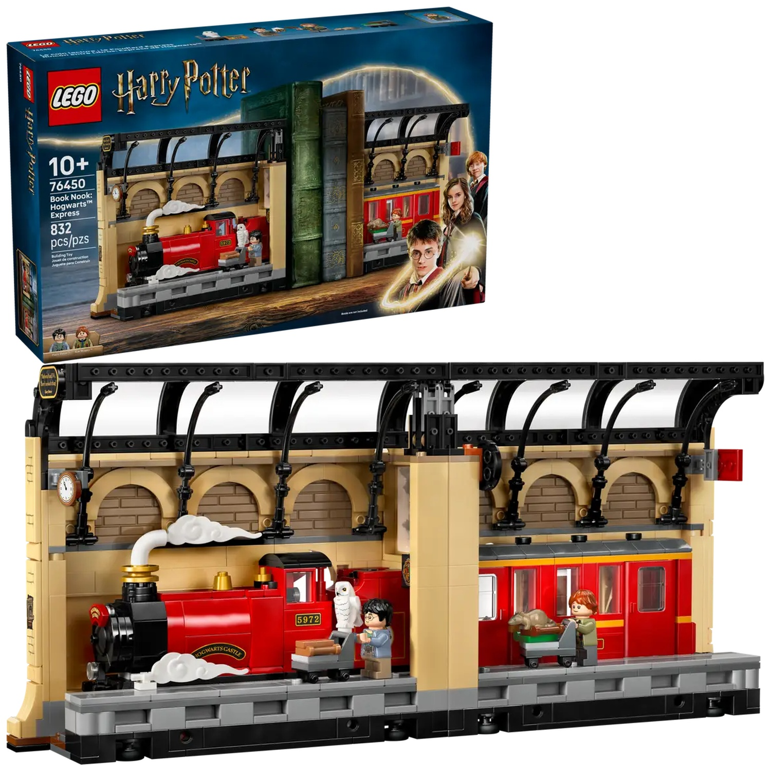 A Lego set of the Hogwarts Express train. The set includes a red train, figures, and a station setting with arches.