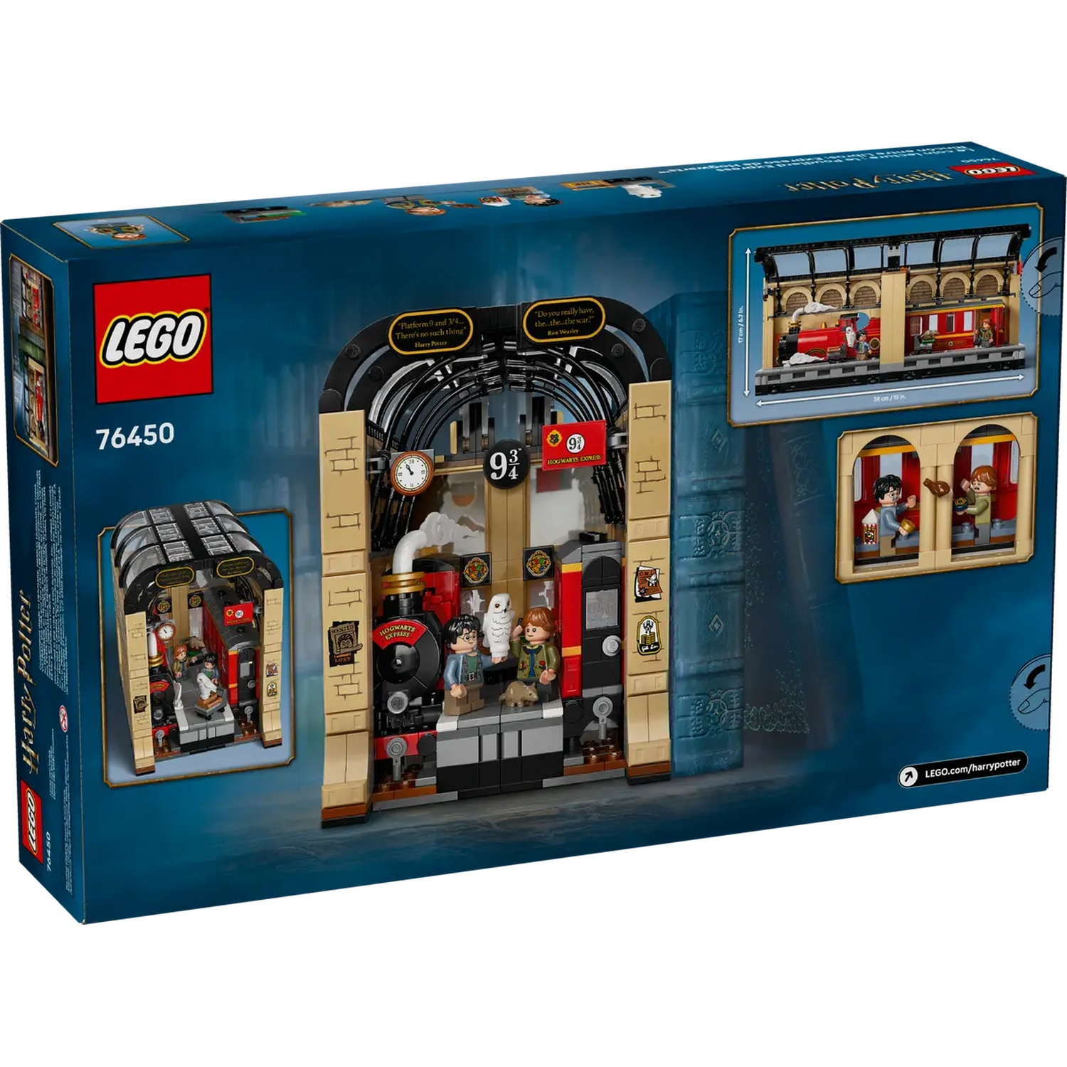 Lego Harry Potter set box. Features a train, platform 9 3/4, and minifigures of Harry, Ron, and an owl. The box is blue.