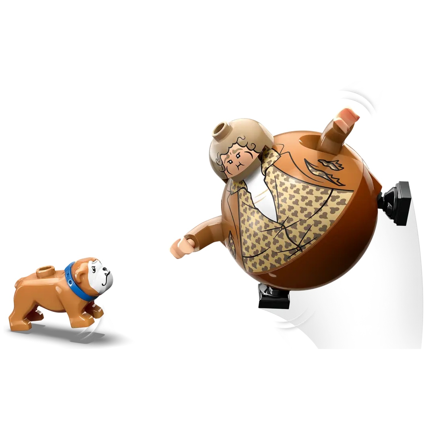 A Lego figure in a barrel and a dog. The figure is falling towards the dog. The barrel is brown and the dog is tan.