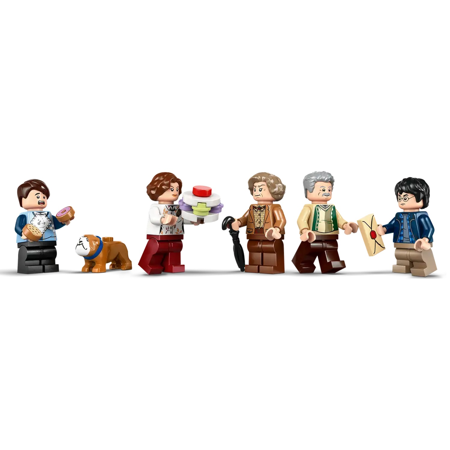 Lego figurines: a boy with a donut, a bulldog, a woman with a sandwich, a woman with an umbrella, a man, and a boy with a letter.