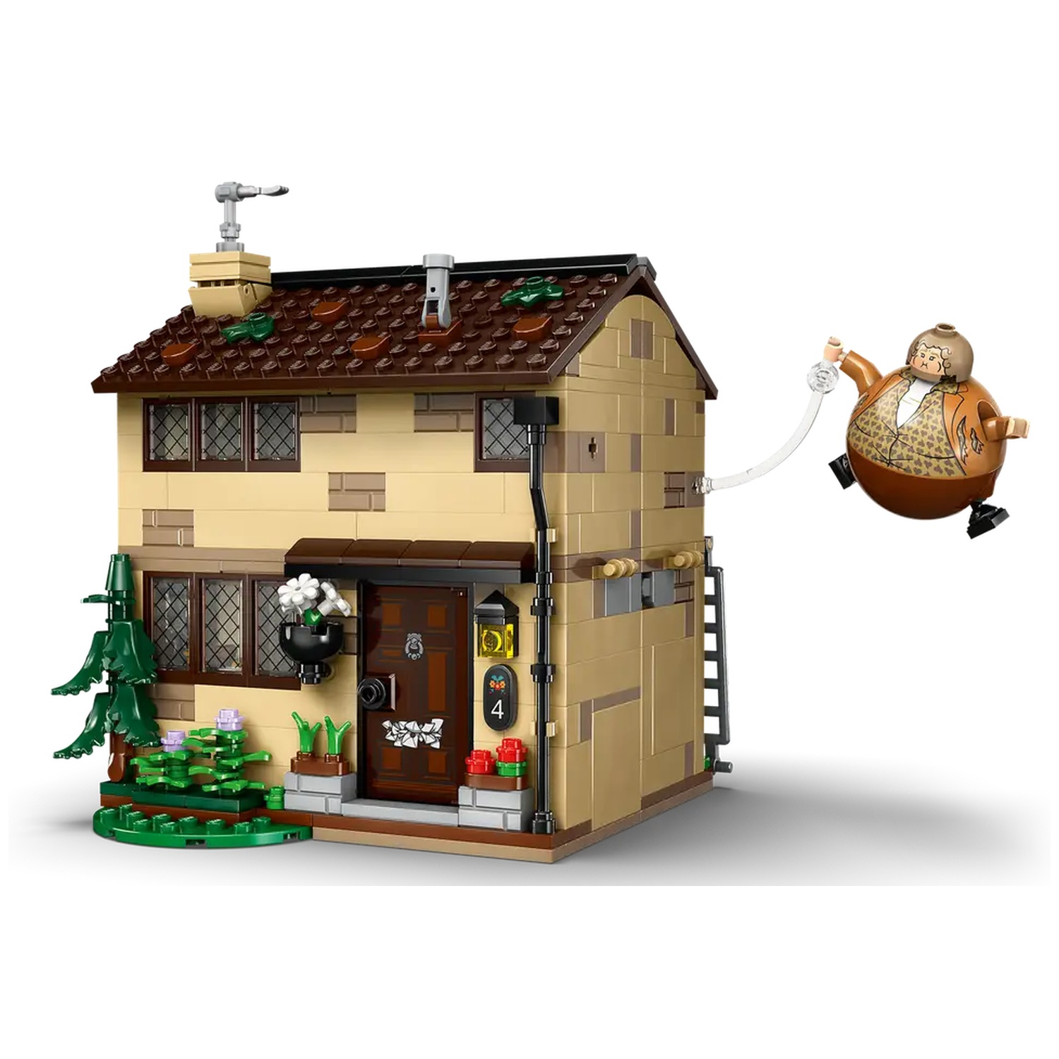 Lego house with brown roof and beige walls. A figure is connected to the house. There are plants and a door with the number 4.