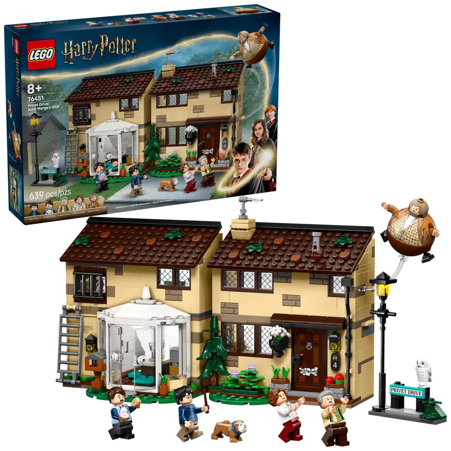 A Lego set depicting Privet Drive with figures of Harry Potter characters and Aunt Marge, who is inflated like a balloon.