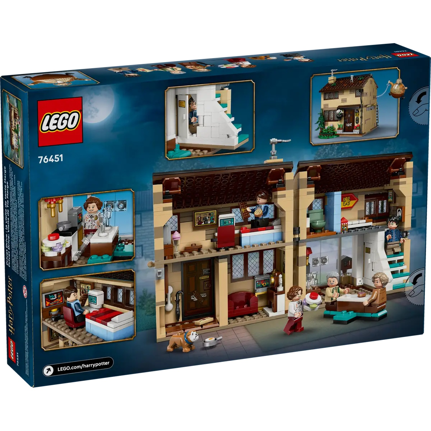 LEGO Harry Potter set box. Includes images of various rooms and minifigures. The main image is a house model. Other sections show different scenes.
