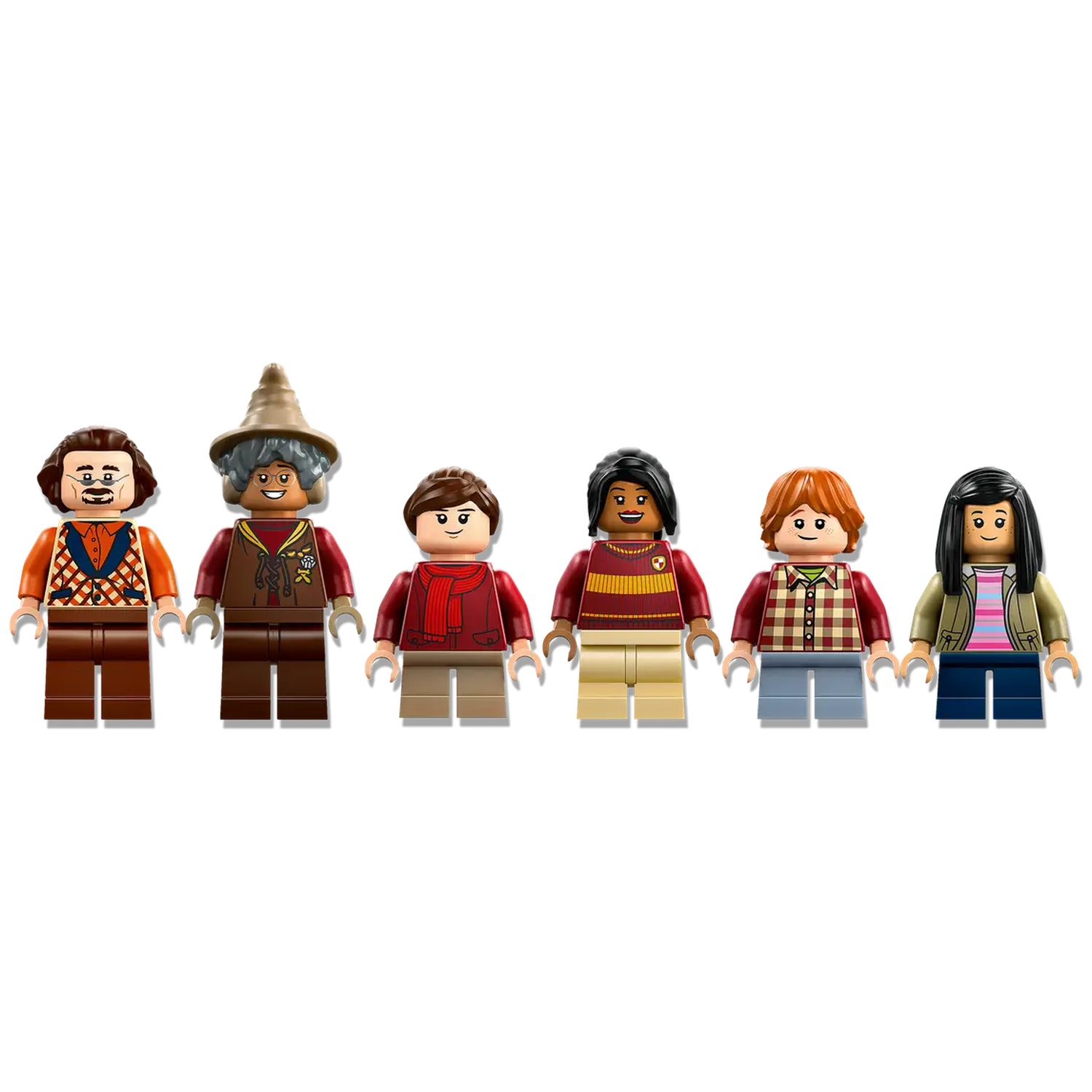 Six Lego figures from Harry Potter: Dumbledore, three students, Hagrid, and a man with a mustache. All stand on a white background.
