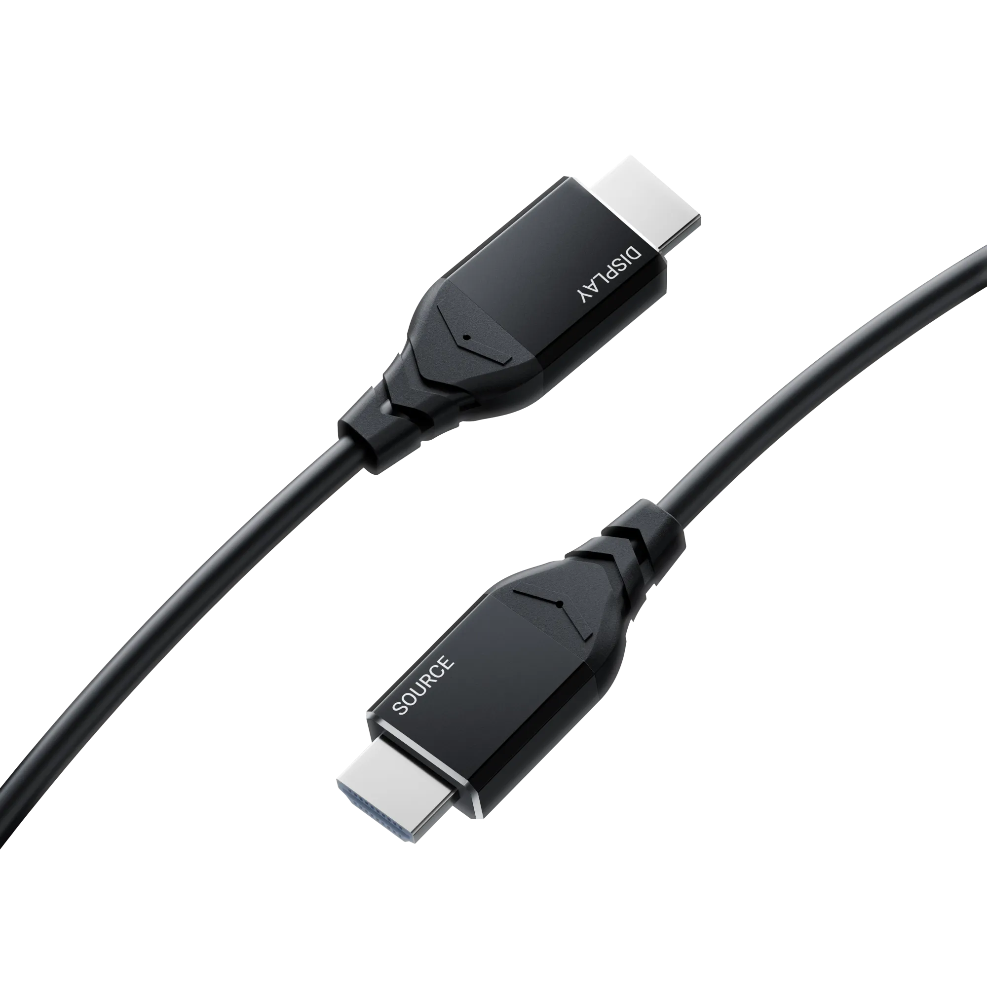 Zwei schwarze DisplayPort-Kabel mit den Aufschriften 'DISPLAY' und 'SOURCE' auf schwarzem Hintergrund.