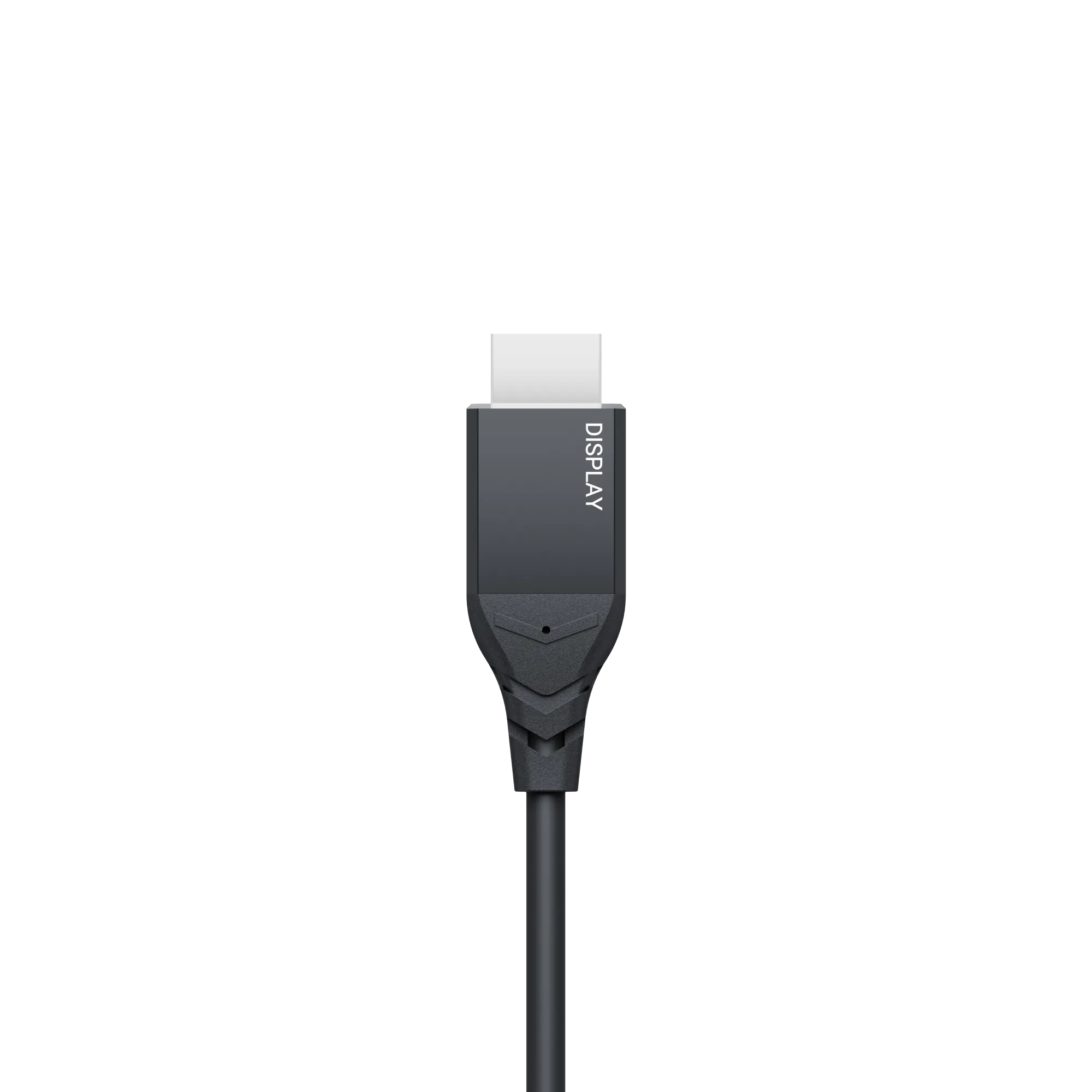 Ein schwarzes Displaykabel mit weißer Spitze vor schwarzem Hintergrund. Das Wort DISPLAY ist auf dem Kabel aufgedruckt.