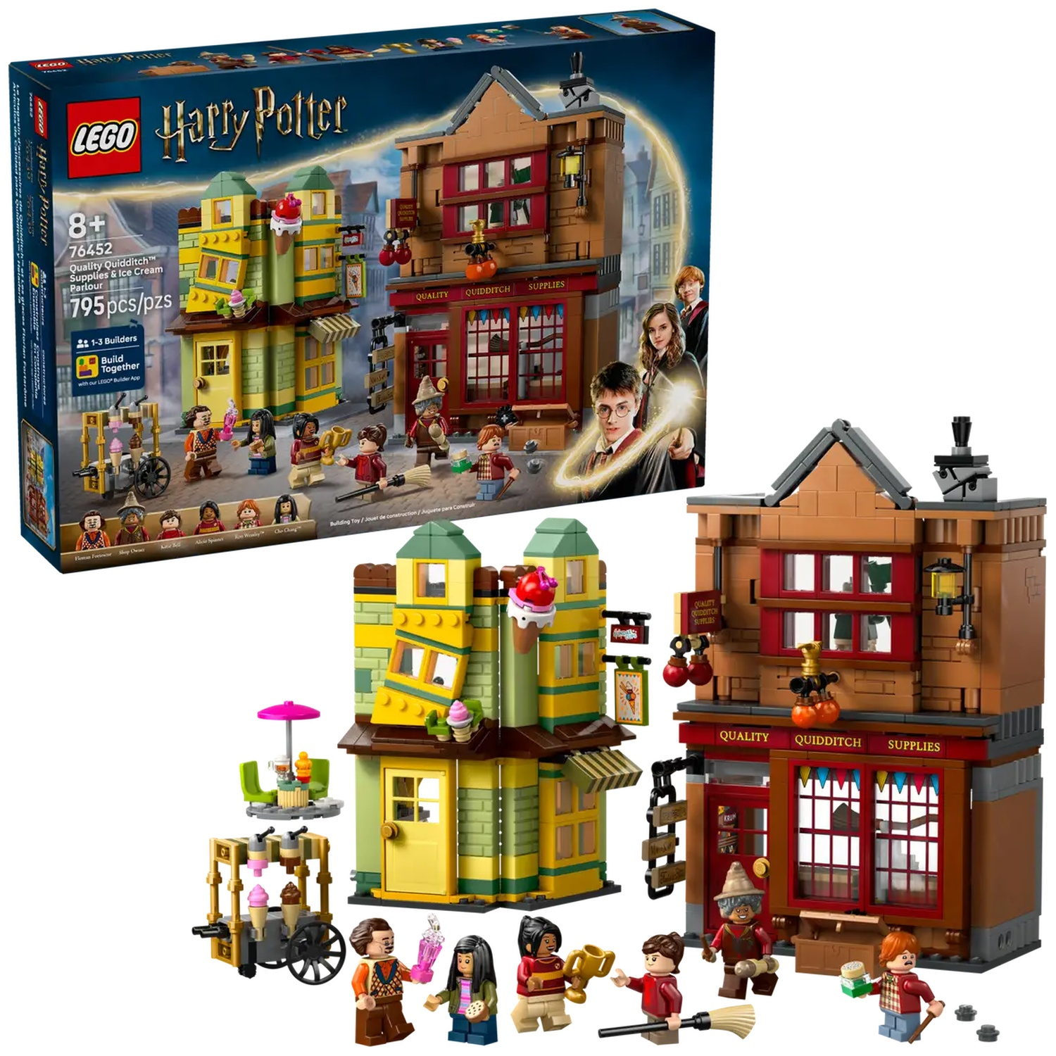 LEGO Harry Potter set. Features Quidditch supplies and ice cream parlor with minifigures. Box art displays buildings and characters.