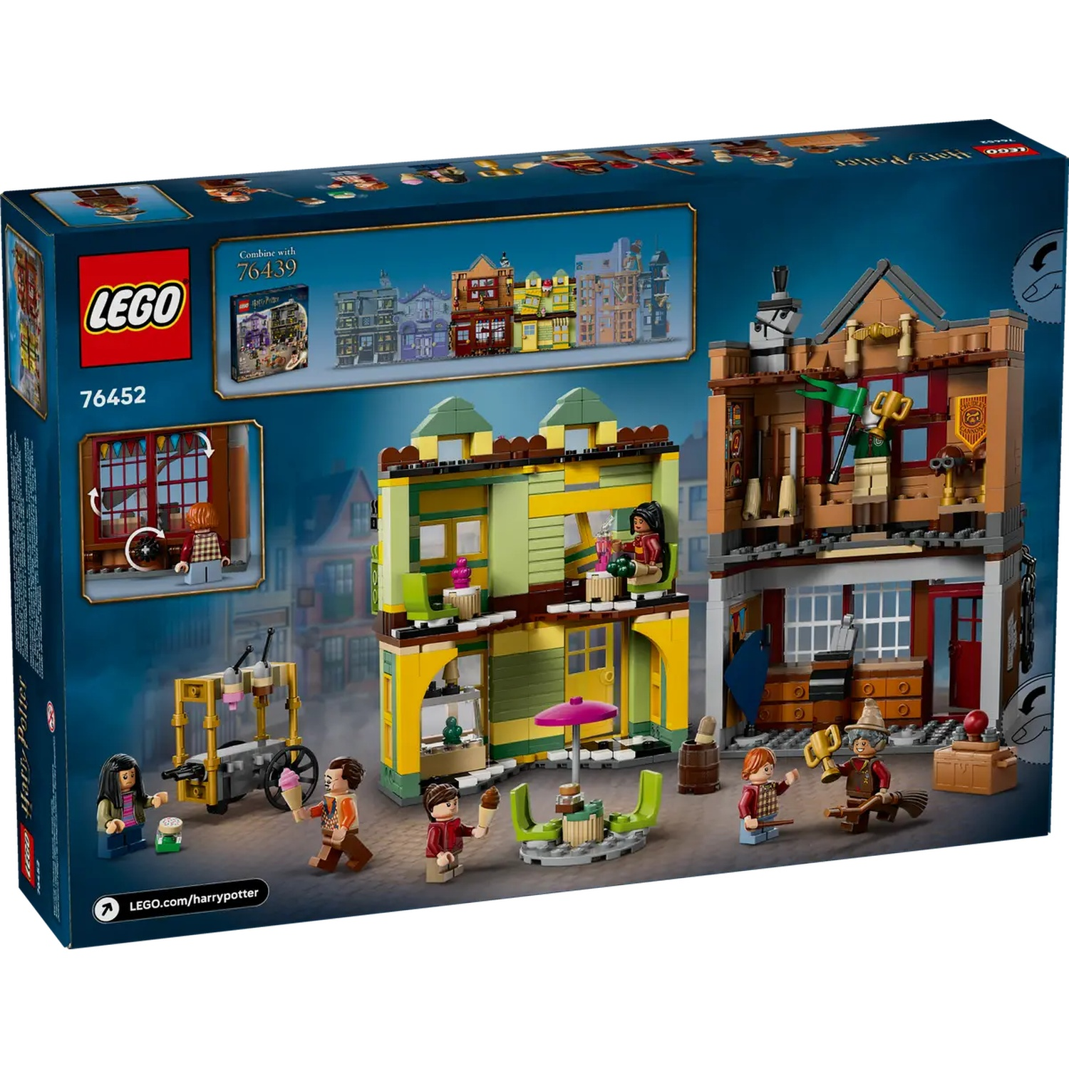 LEGO Harry Potter set box. Buildings and characters are displayed. Characters include Harry Potter and Ron Weasley. Ice cream cart present.