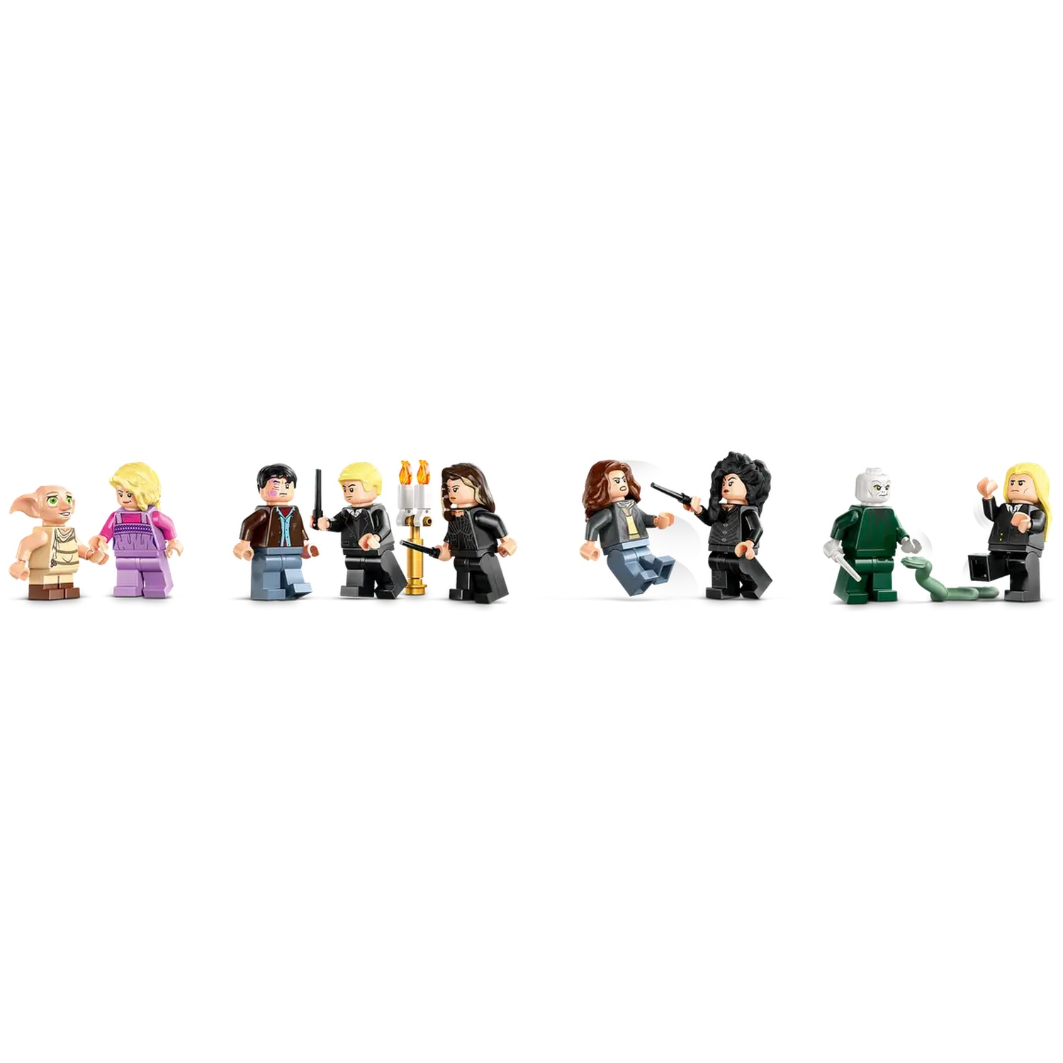 Lego Harry Potter minifigures: Dobby, Luna Lovegood, Harry, Draco, Bellatrix, Voldemort, and others with wands and a snake.