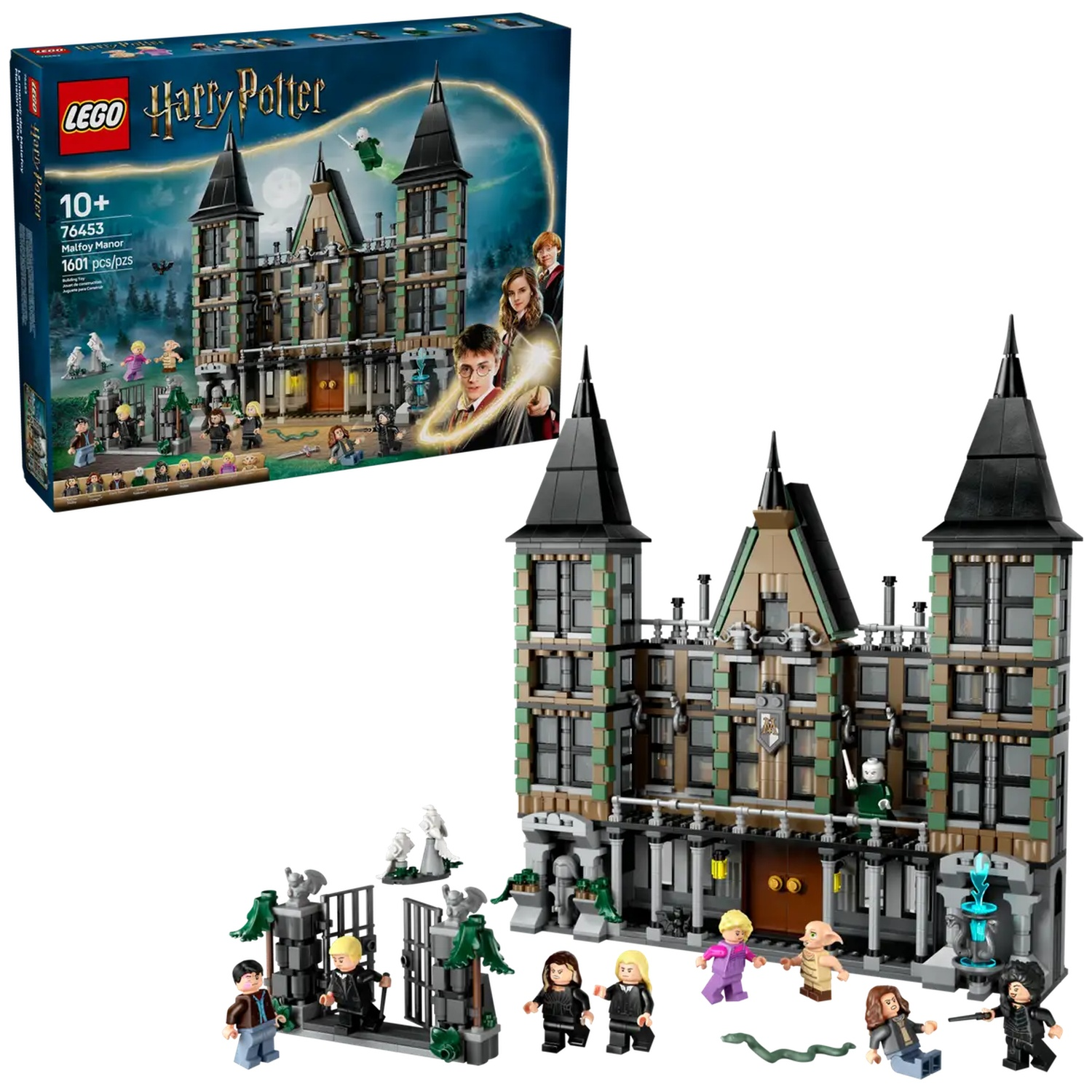 Lego Harry Potter set. A detailed mansion with minifigures. Box shows characters. Green and black building, many figures.