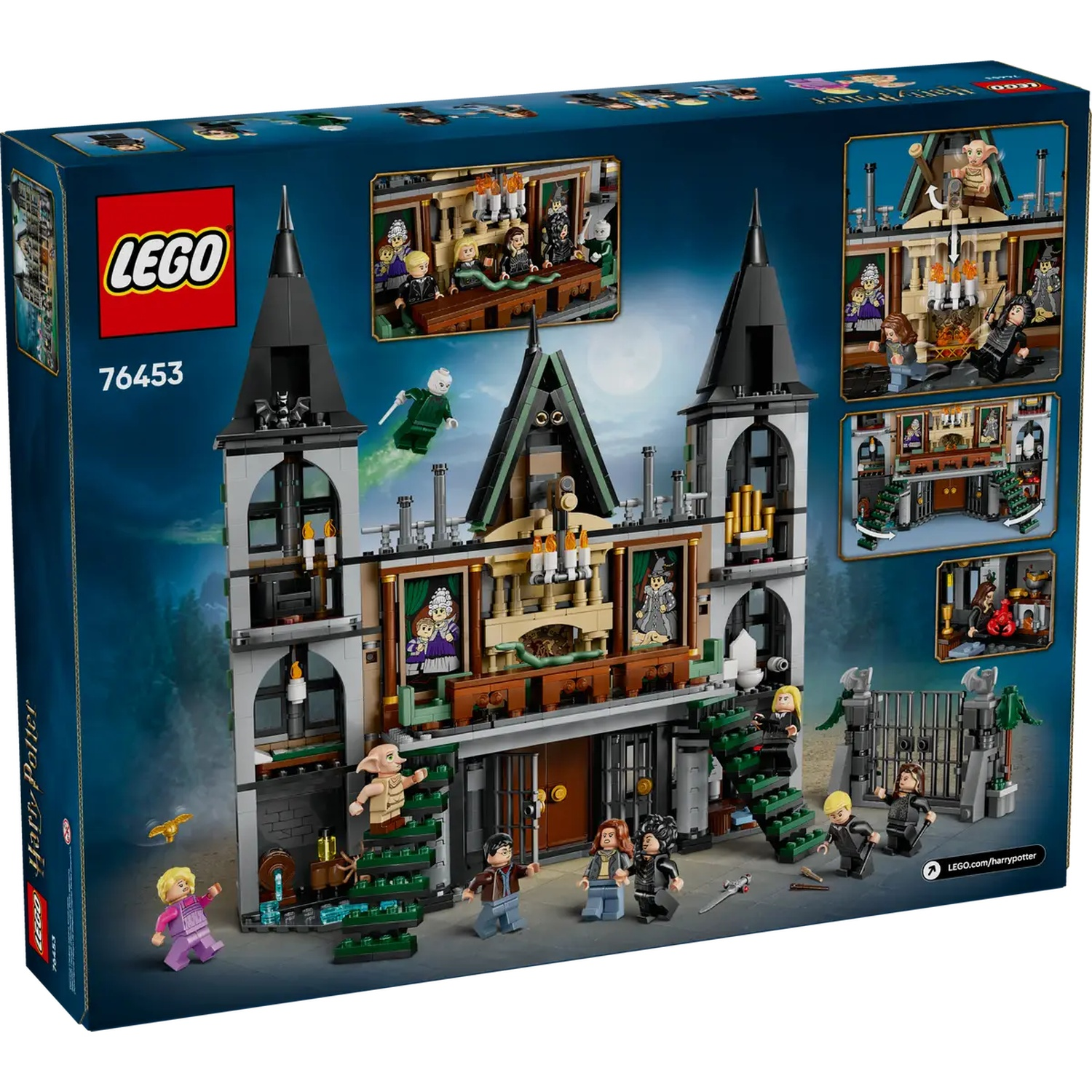 Lego Harry Potter set. A castle with minifigures including Harry, Dobby, and Voldemort. The background has a dark blue sky.
