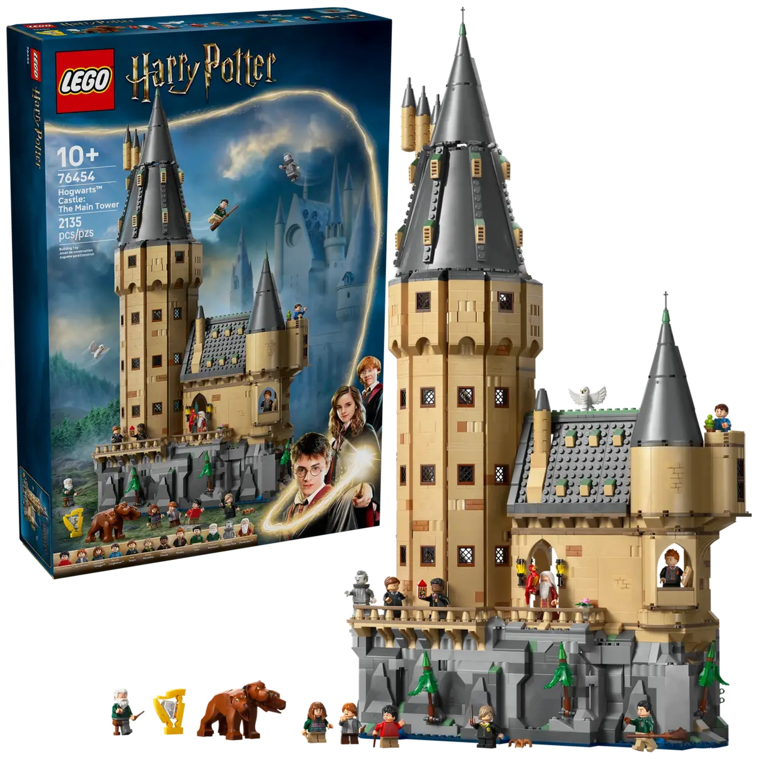 Lego-set van de hoofd toren van Hogwarts Castle. Inclusief de doos en het geassembleerde model met figuren en het kasteel.