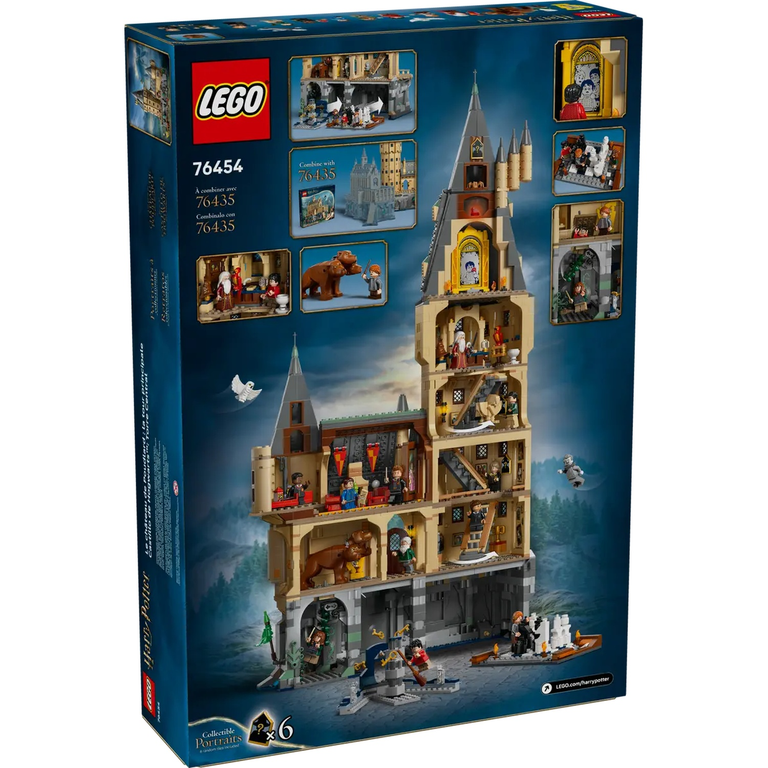 Een Lego doos toont Zweinstein met veel minifiguren. Het heeft een blauwe achtergrond en de Lego en Harry Potter logo's.