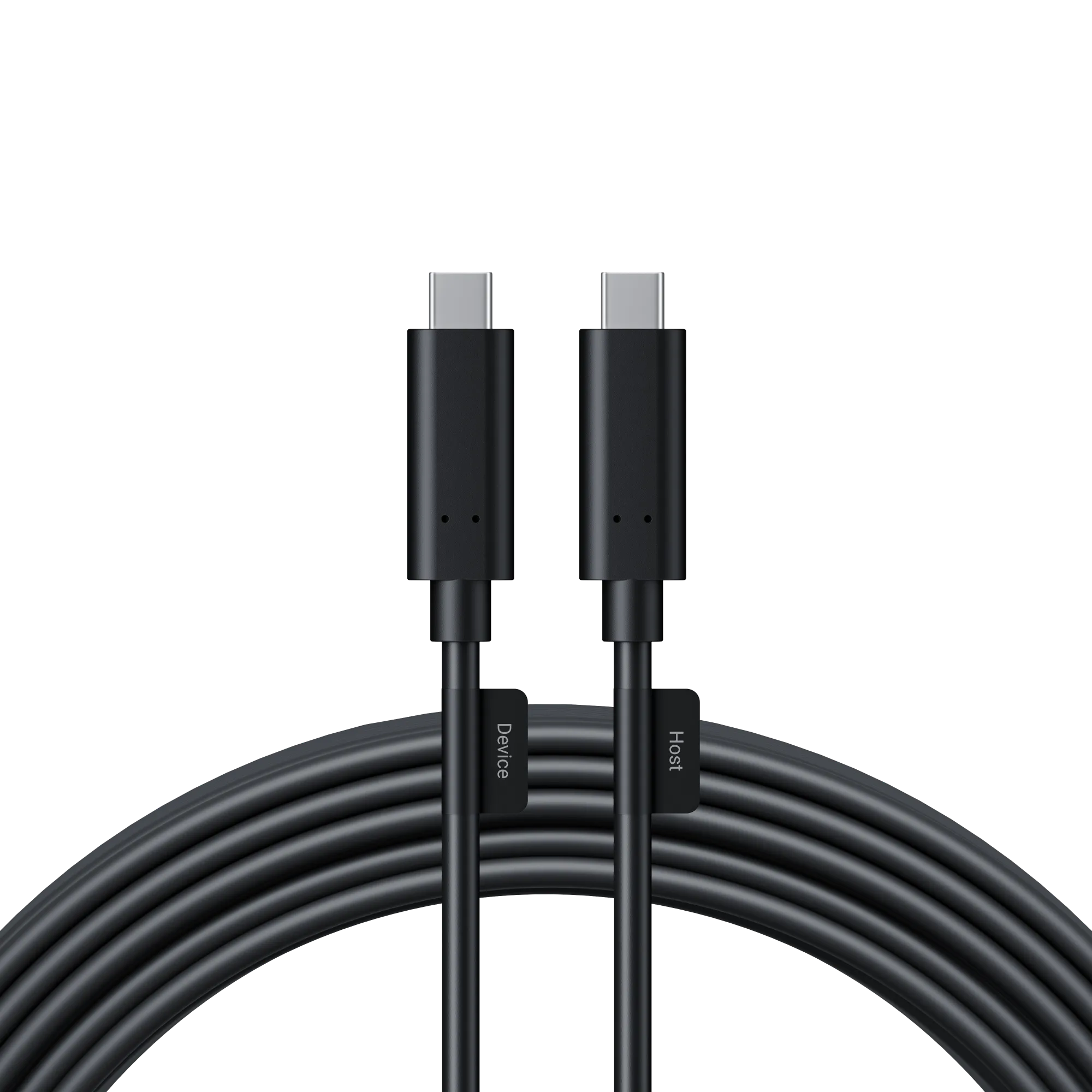 Zwei schwarze USB-C-Kabel mit silbernen Steckern. Eines mit der Aufschrift 'Gerät', das andere 'Host', vor schwarzem Hintergrund.