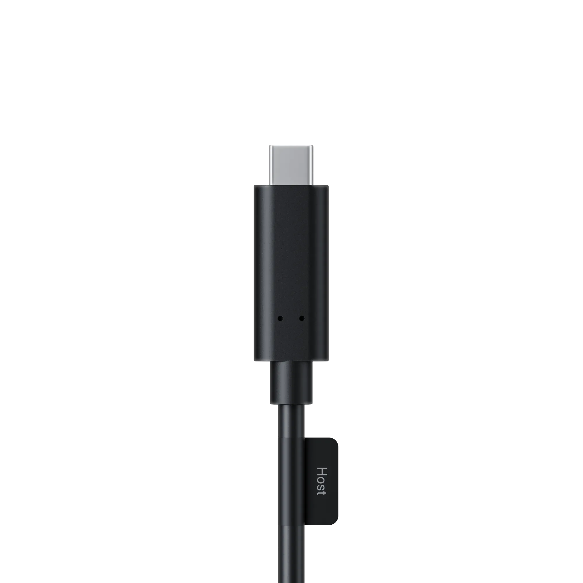 Ein schwarzes USB-C-Kabel vor schwarzem Hintergrund. Auf dem Kabel steht 'Host'.