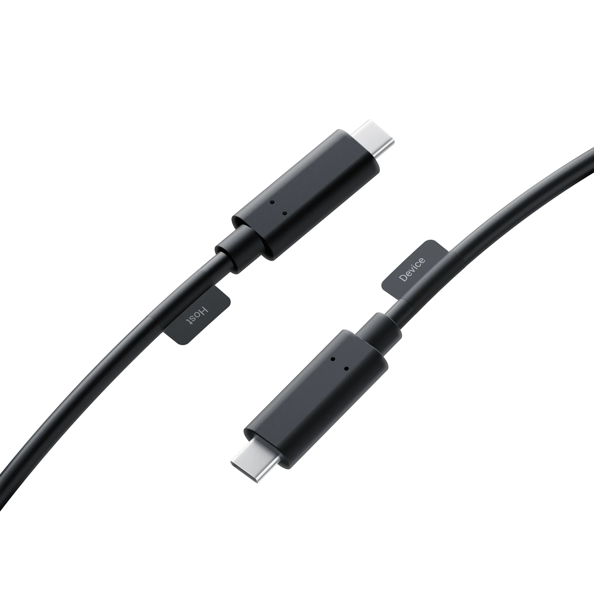 Zwei schwarze USB-C-Kabel auf schwarzem Hintergrund. Eines ist mit 'Host' beschriftet, das andere mit 'Gerät'.