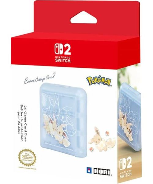 Una caja roja de Nintendo Switch con un estuche de juego azul con Eevee. El estuche está etiquetado como '24-Game Card Case'.