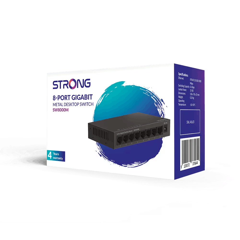 Un switch de escritorio metálico Gigabit de 8 puertos negro SW8000M sobre fondo blanco, con especificaciones listadas en el lateral.