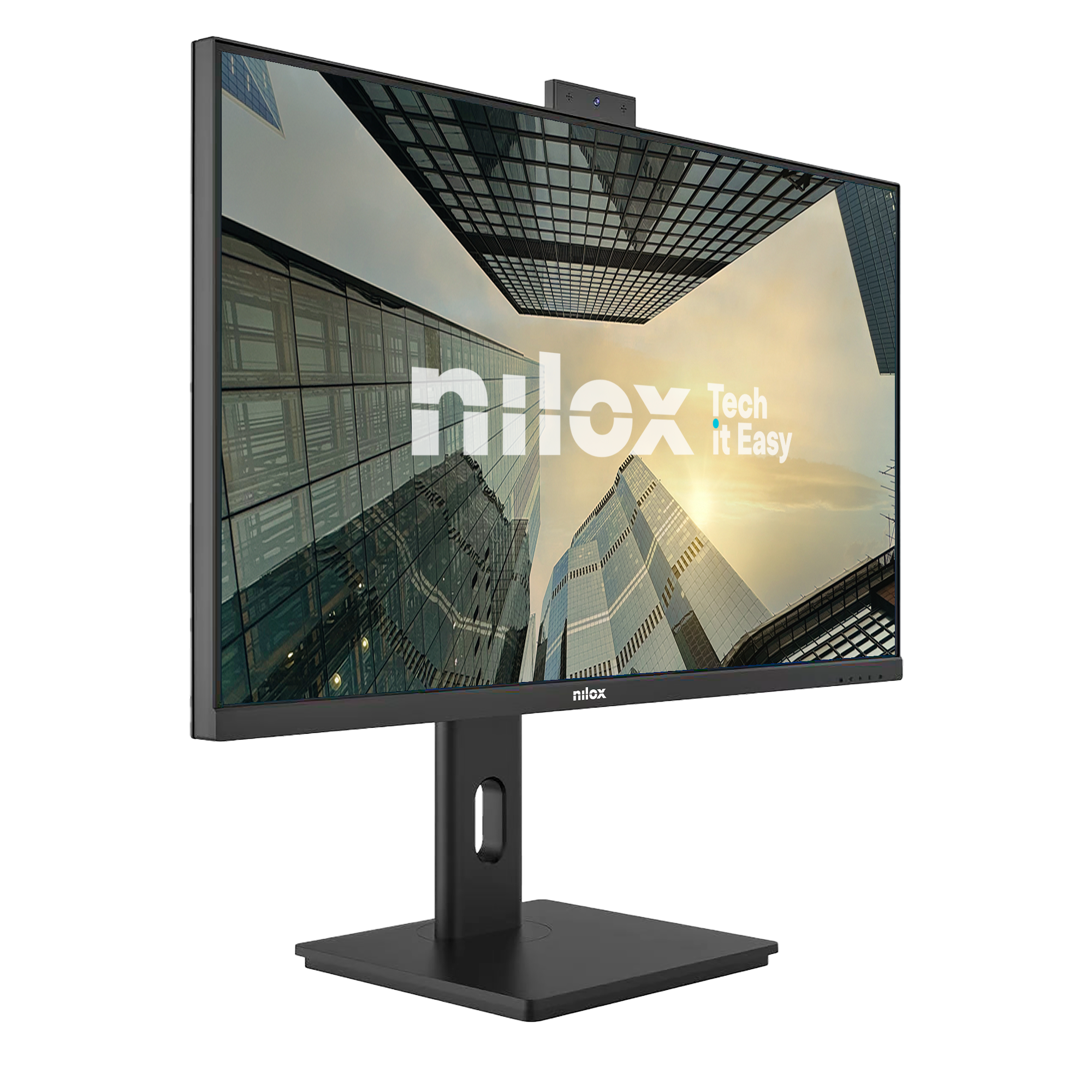 Un monitor de computadora negro muestra un paisaje urbano. Tiene una cámara web y está sobre un soporte negro. La marca es Nilox.