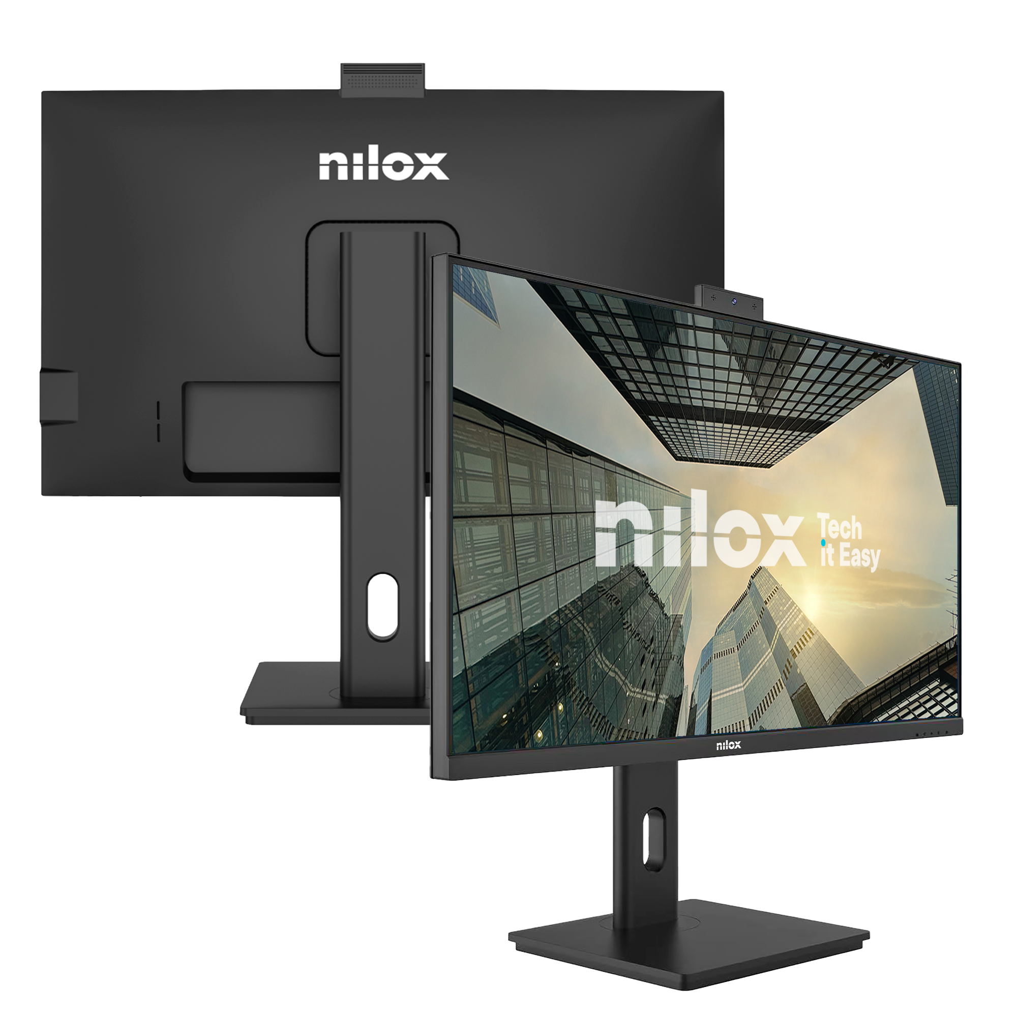 Dos monitores de ordenador Nilox negros, uno muestra una vista de la ciudad. El logotipo de Nilox es visible.