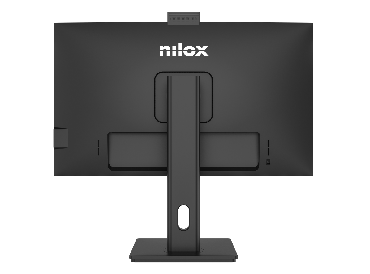 La parte trasera de un monitor Nilox negro con su soporte. El logotipo de Nilox es visible. Hay una cámara web en la parte superior. Un soporte sostiene el monitor.