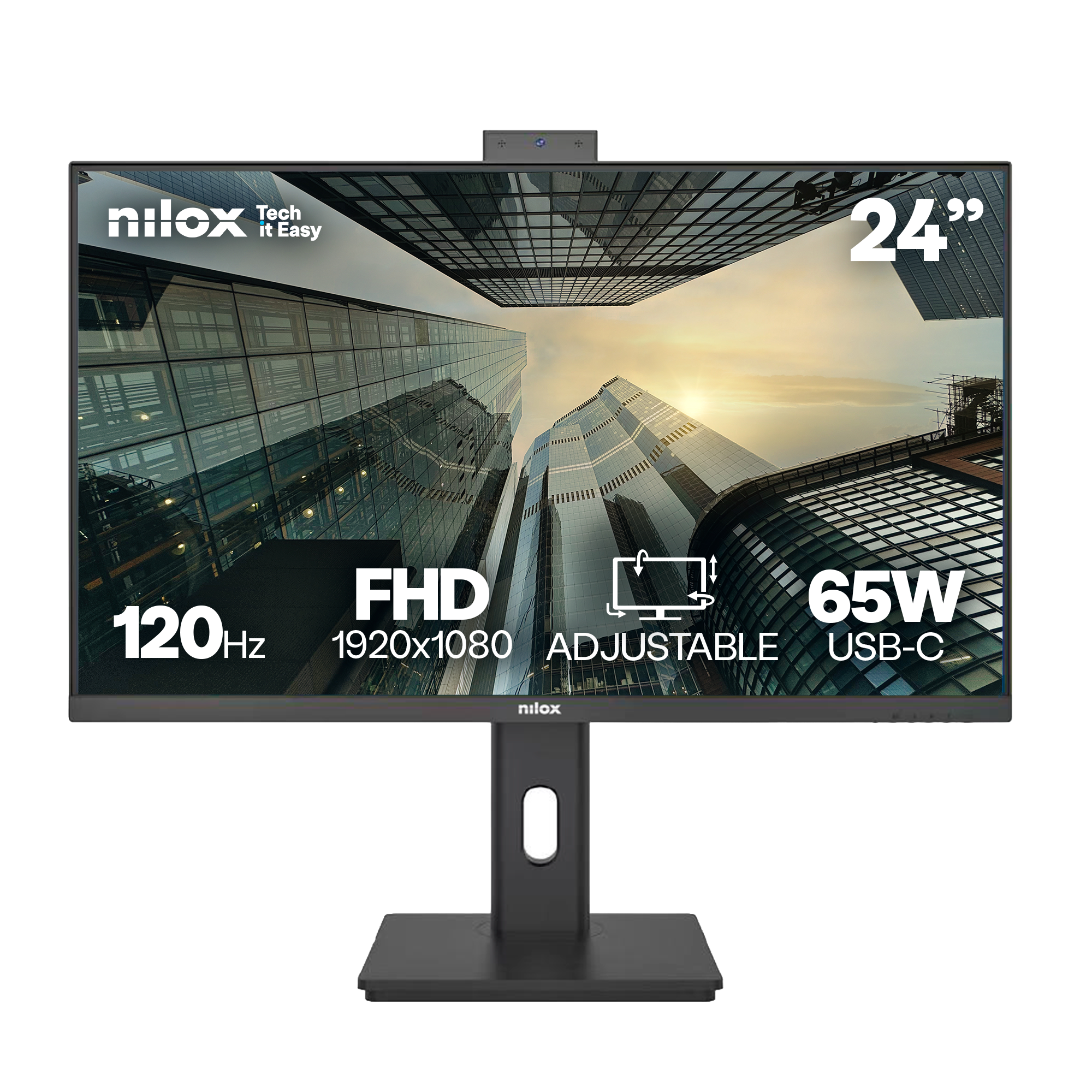 Un monitor de computadora negro con una imagen de paisaje urbano en la pantalla, que anuncia sus características. El monitor está sobre un soporte negro.