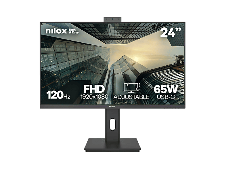 Monitor gaming - Nilox NXM24RWEB0265, 23.8" Full-HD, 120 Hz, 4 ms, IPS, Altura Ajustable, USB-C, Webcam Integrada, Negro