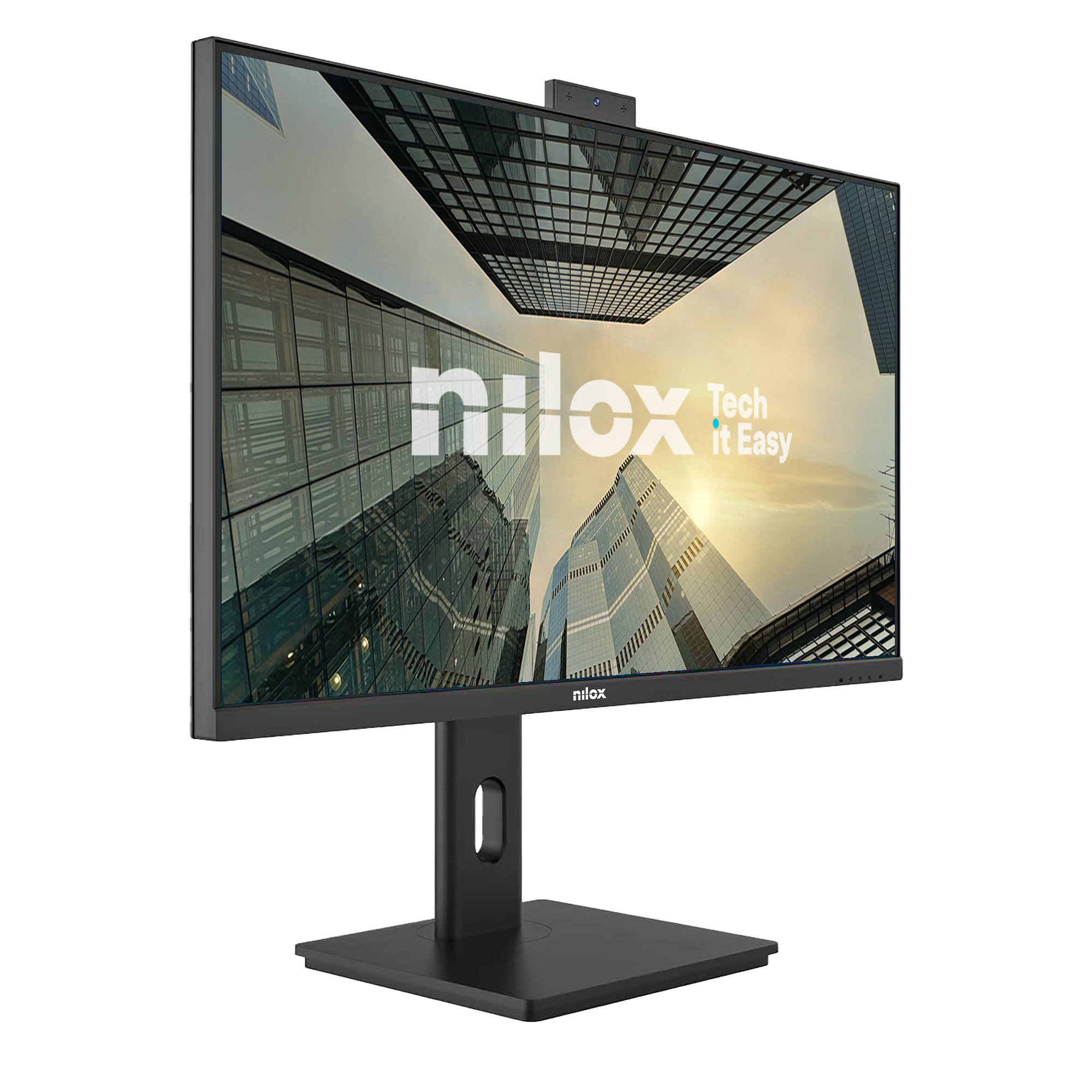 Un monitor de ordenador negro muestra una escena de la ciudad. Tiene una cámara en la parte superior. El monitor está sobre un soporte negro.