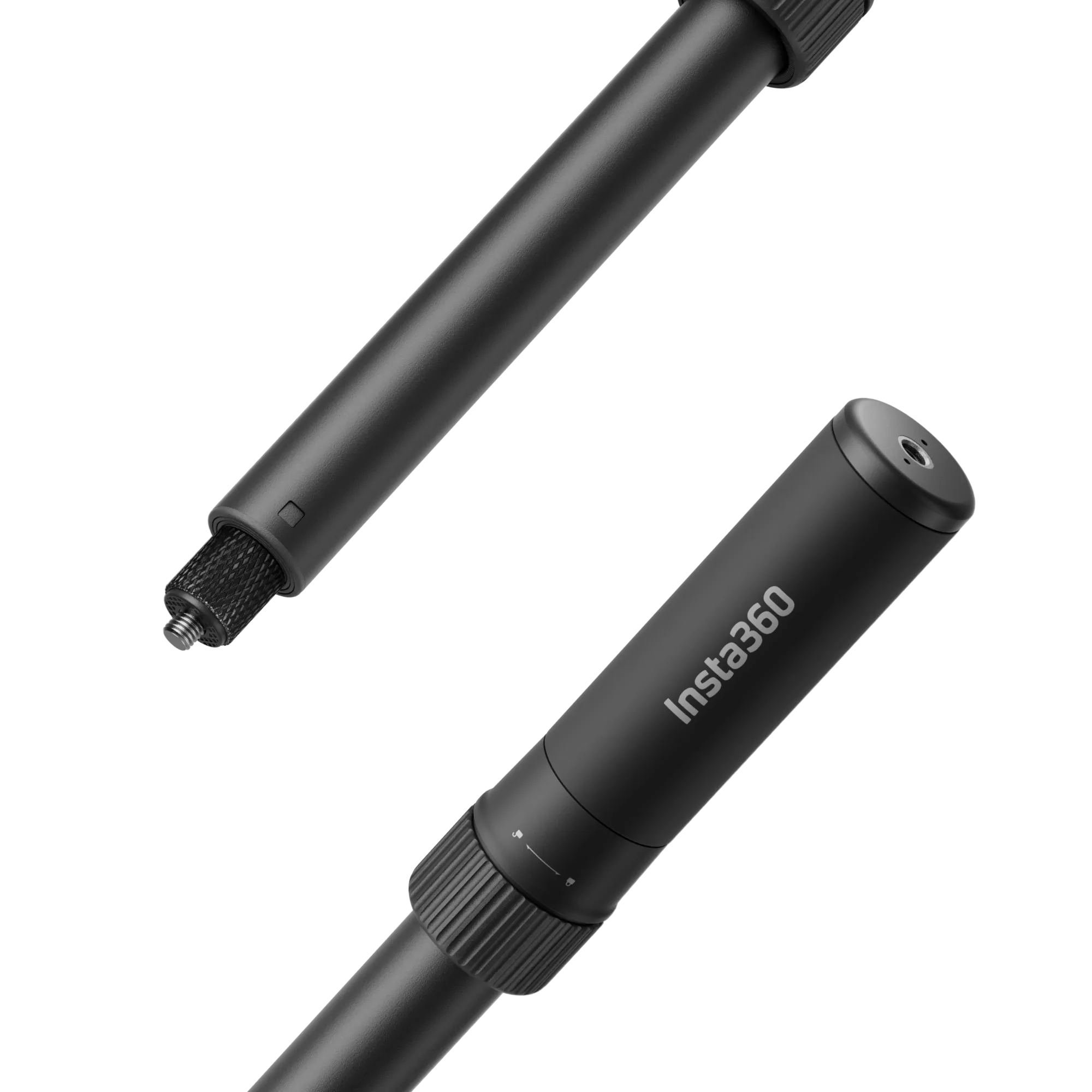 Zwei schwarze Insta360-Selfie-Sticks vor schwarzem Hintergrund. Einer ist ausgezogen, der andere hat Logo und Einsteller.
