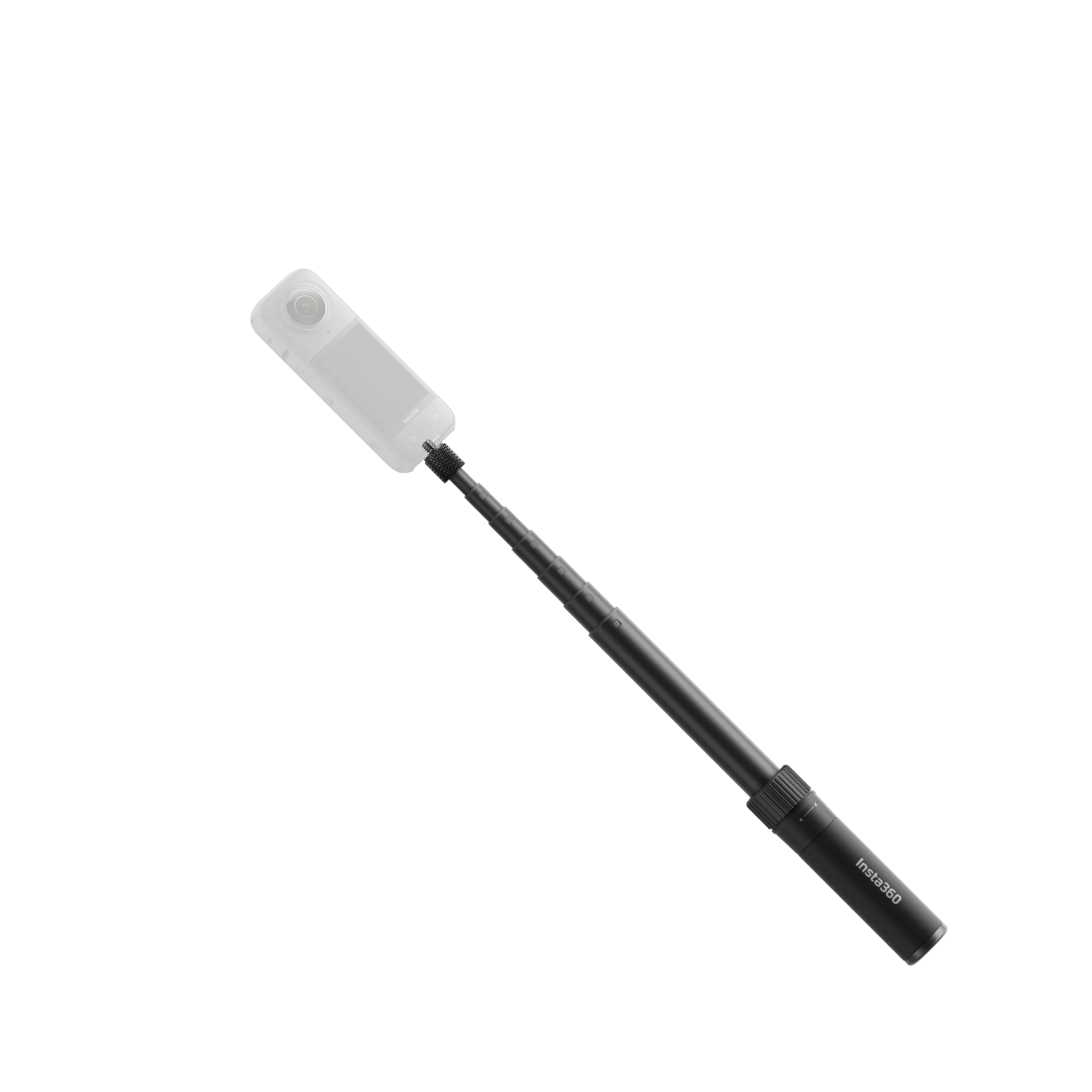 Eine weiße Insta360-Kamera ist an einem schwarzen Selfie-Stick befestigt. Der Hintergrund ist schwarz.