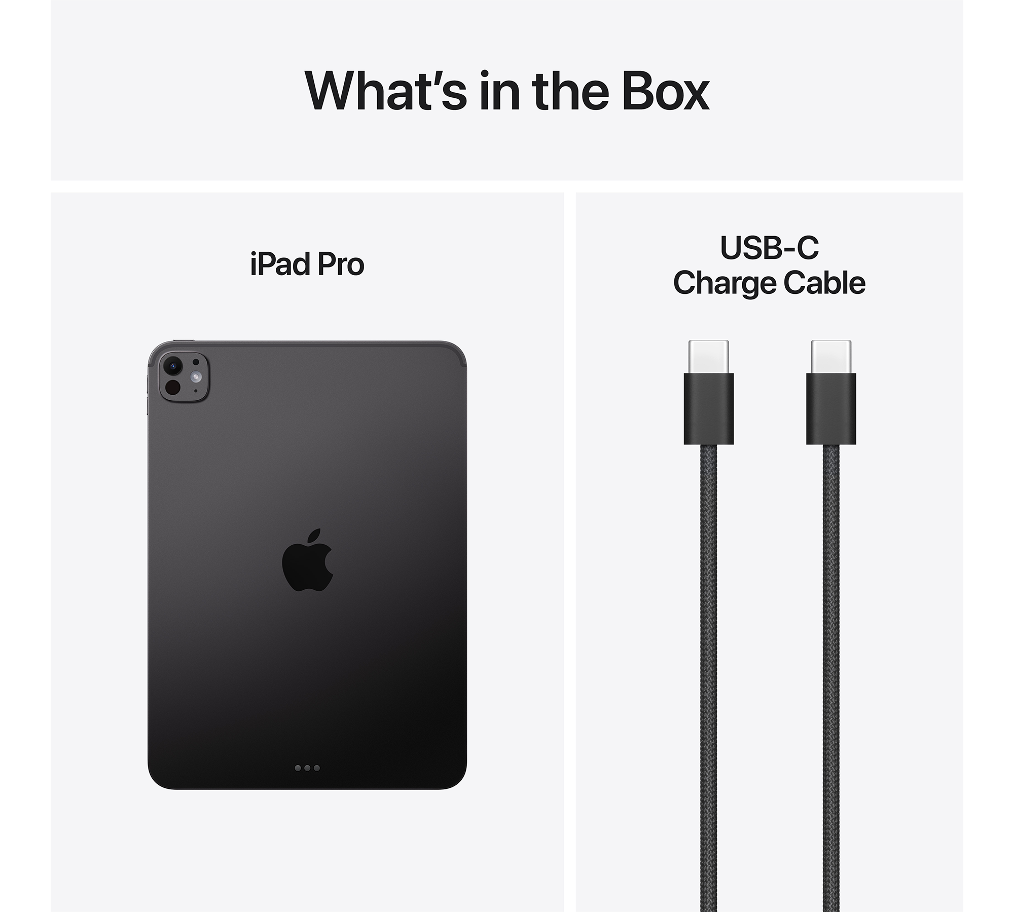 A képen egy iPad Pro és egy USB-C töltőkábel látható fehér háttérrel. A szöveg a következő: 'Mi van a dobozban'.