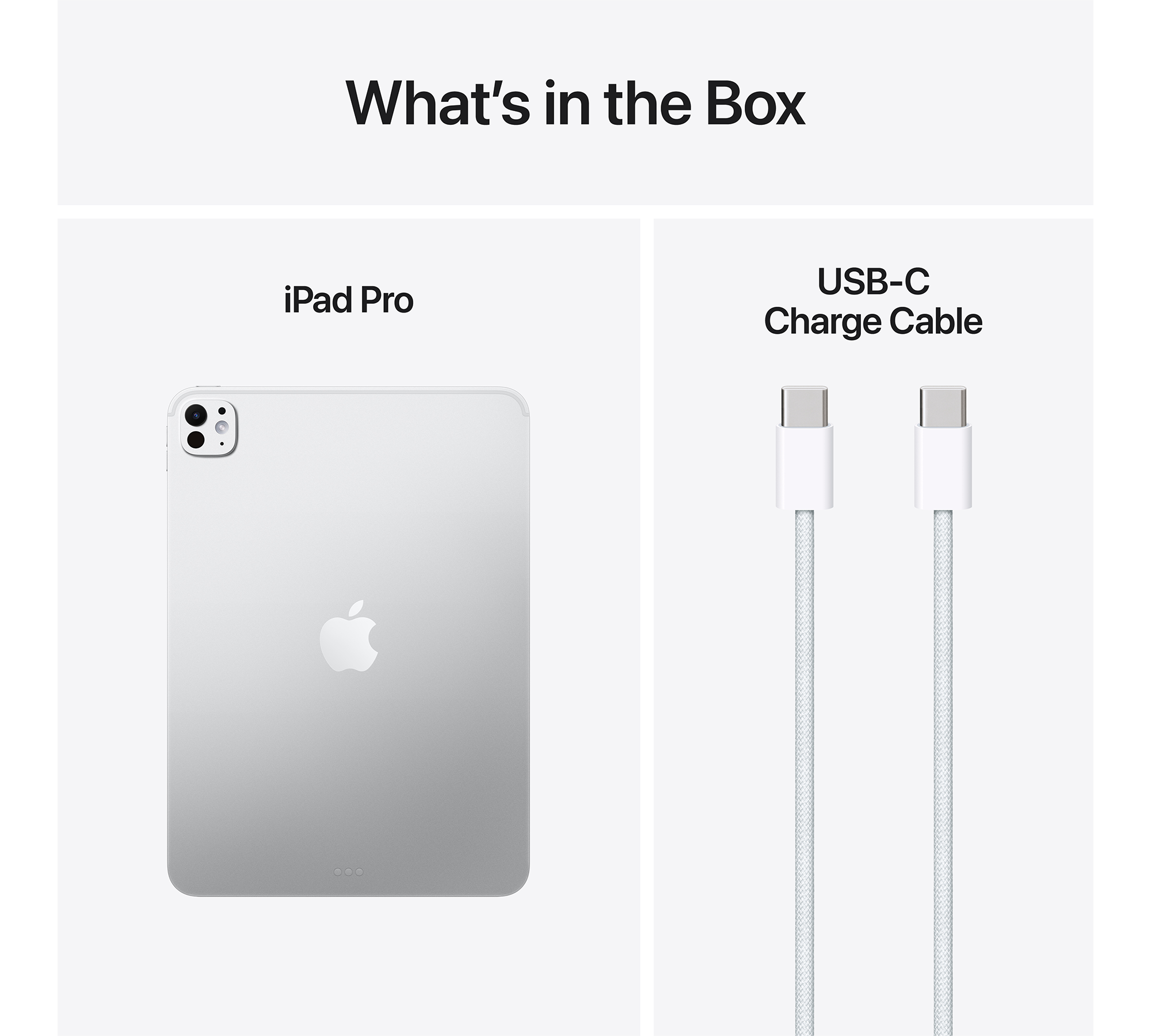 A képen egy iPad Pro és egy USB-C töltőkábel látható fehér háttérrel. A szöveg: 'Mi van a dobozban'.