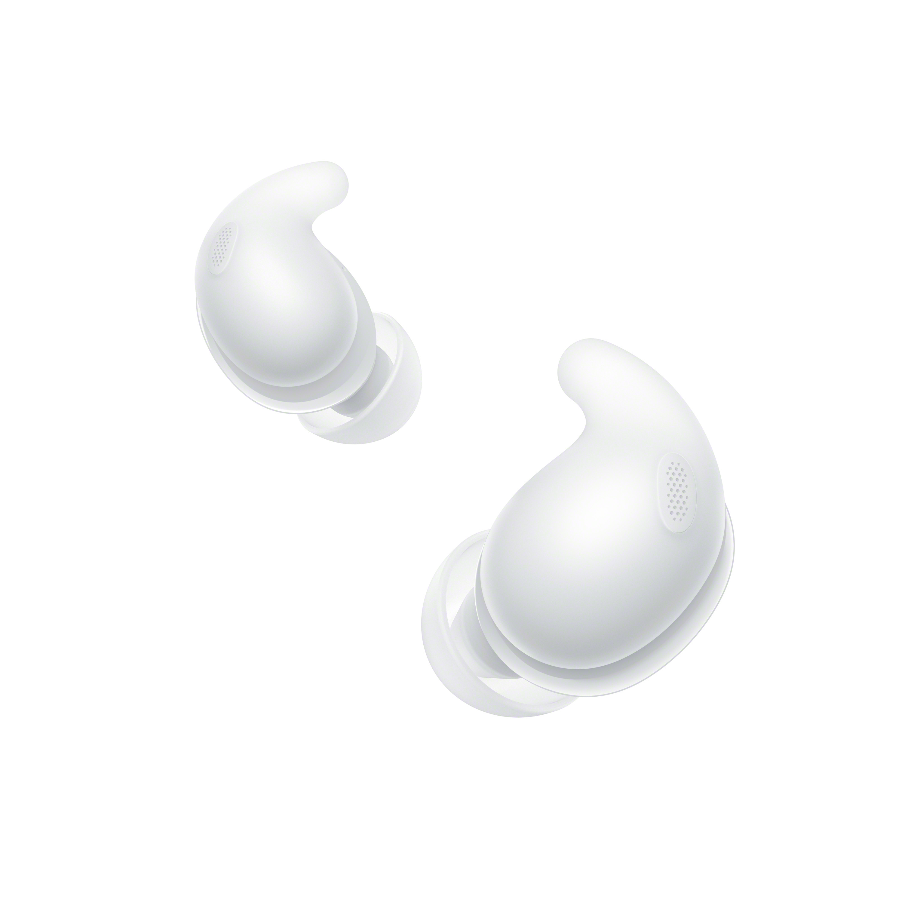 Dos auriculares blancos sobre fondo blanco. Uno está en ángulo, el otro está más lejos.