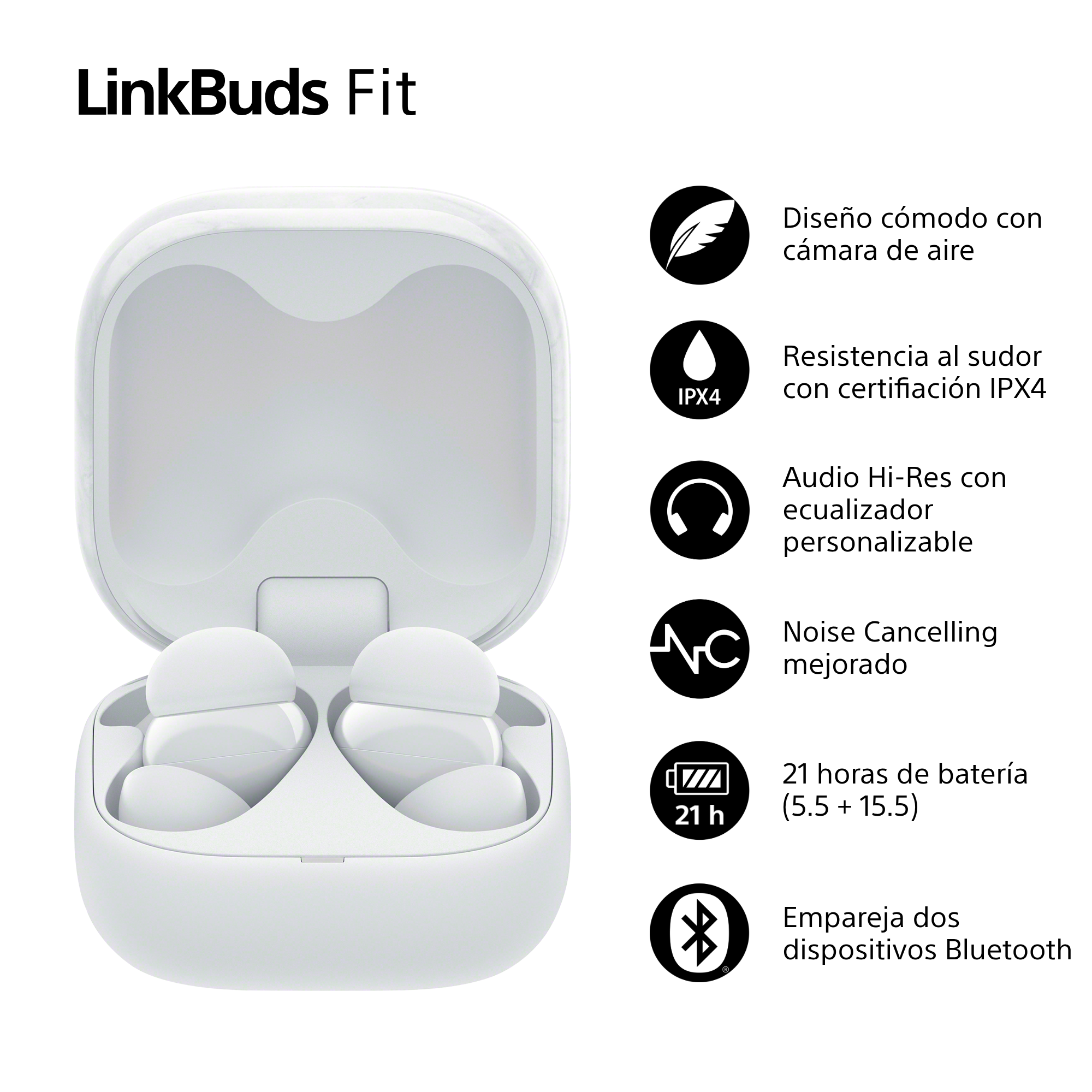 Auriculares blancos en estuche abierto, con iconos de funciones. Texto menciona resistencia al sudor, cancelación de ruido y 21h batería.