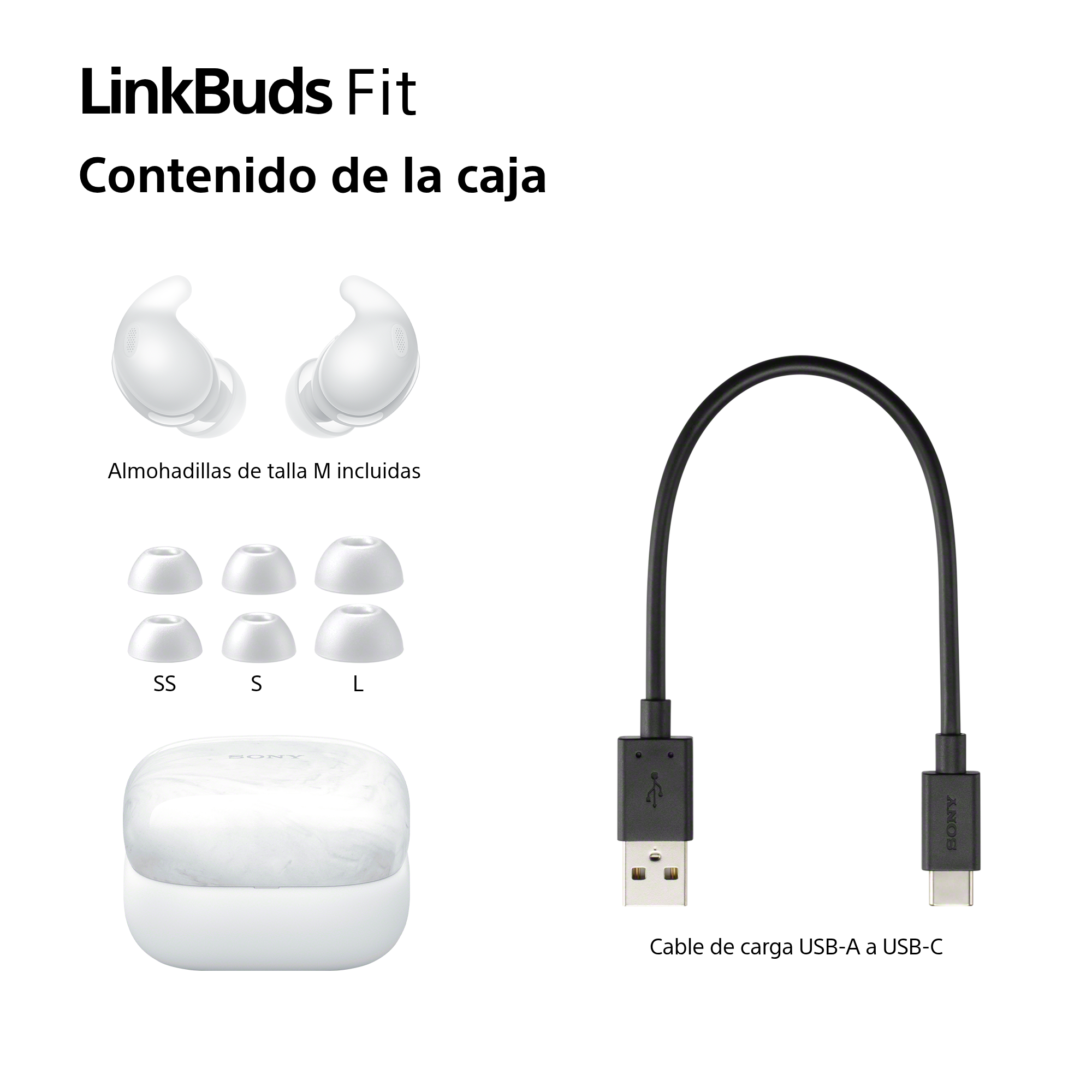 La imagen muestra auriculares blancos, almohadillas, un estuche de carga y un cable USB negro. El texto dice LinkBuds Fit y Contenido de la caja.