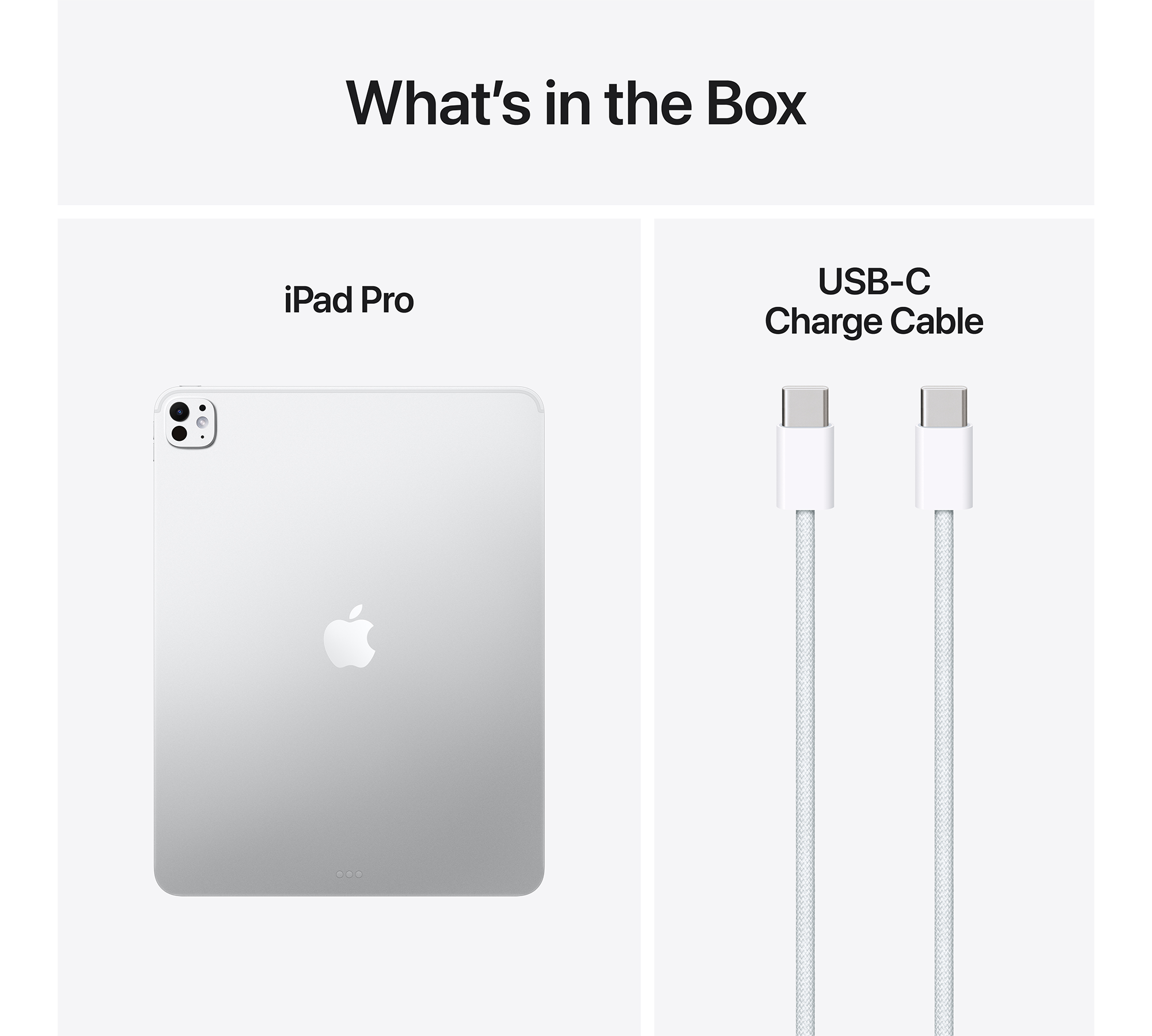 A képen egy iPad Pro és egy USB-C töltőkábel látható fehér háttéren. A szöveg: 'Mi van a dobozban'.