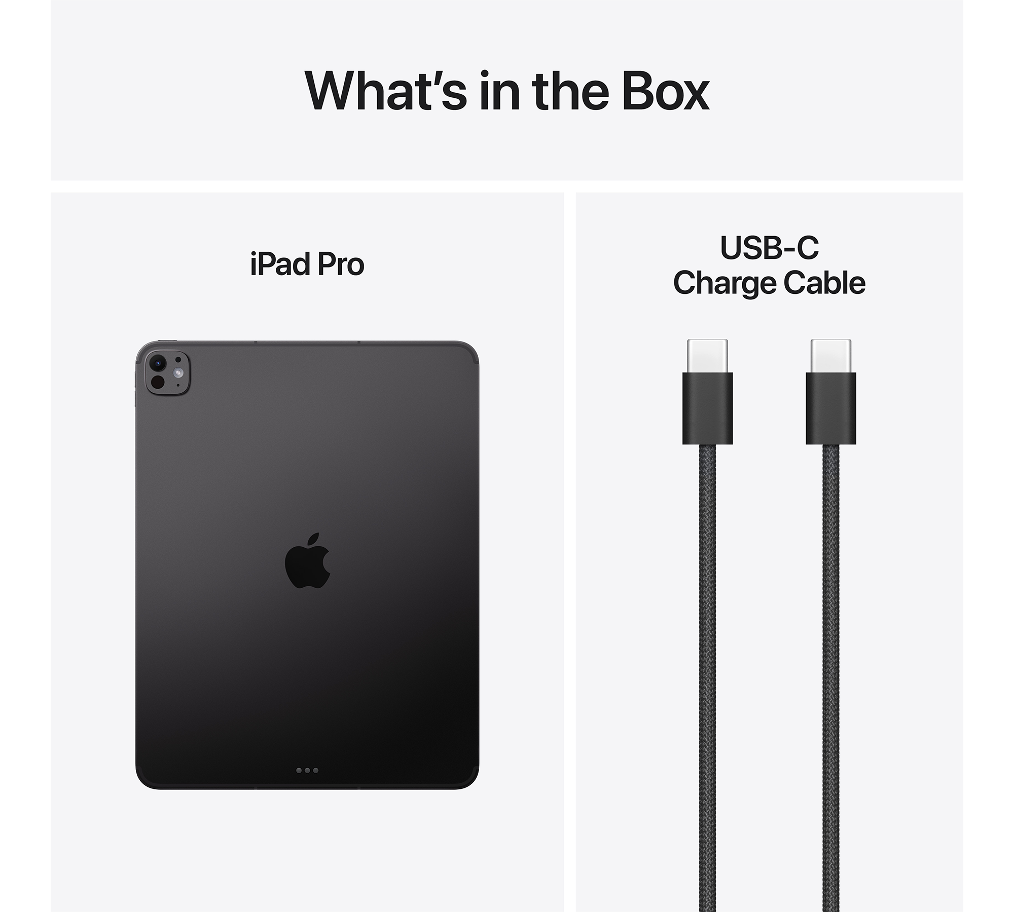 A képen egy iPad Pro és egy USB-C töltőkábel látható fehér háttérrel. Az iPad fekete, a kábel sötétszürke.