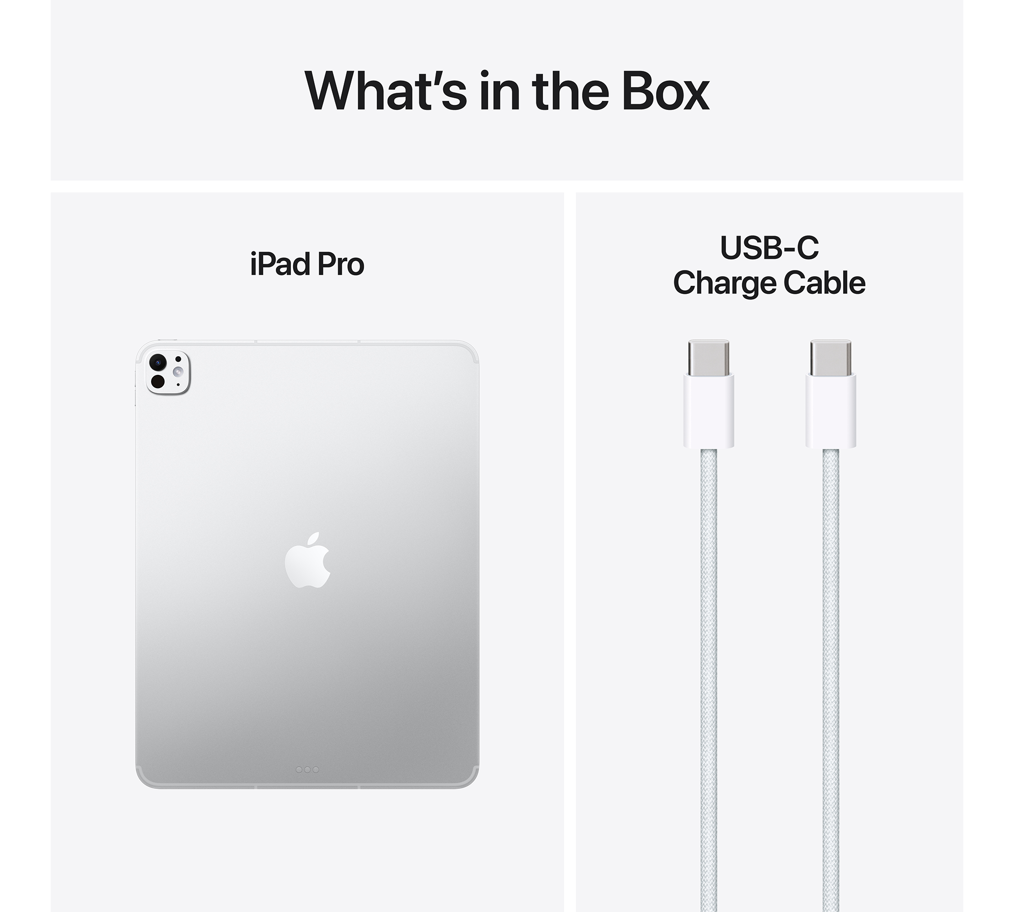 A képen egy iPad Pro és egy USB-C töltőkábel látható fehér háttérrel. A szöveg: 'Mi van a dobozban'.