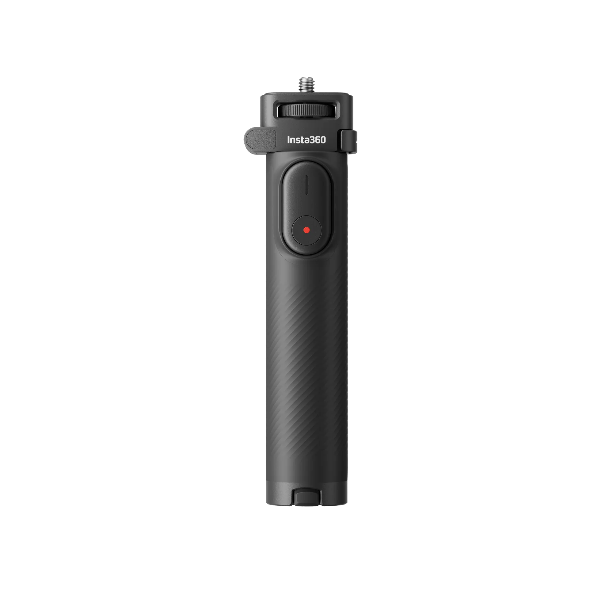 Ein schwarzer Insta360-Selfie-Stick. Er hat einen Knopf, ein rotes Licht und das Insta360-Logo. Auf schwarzem Hintergrund.