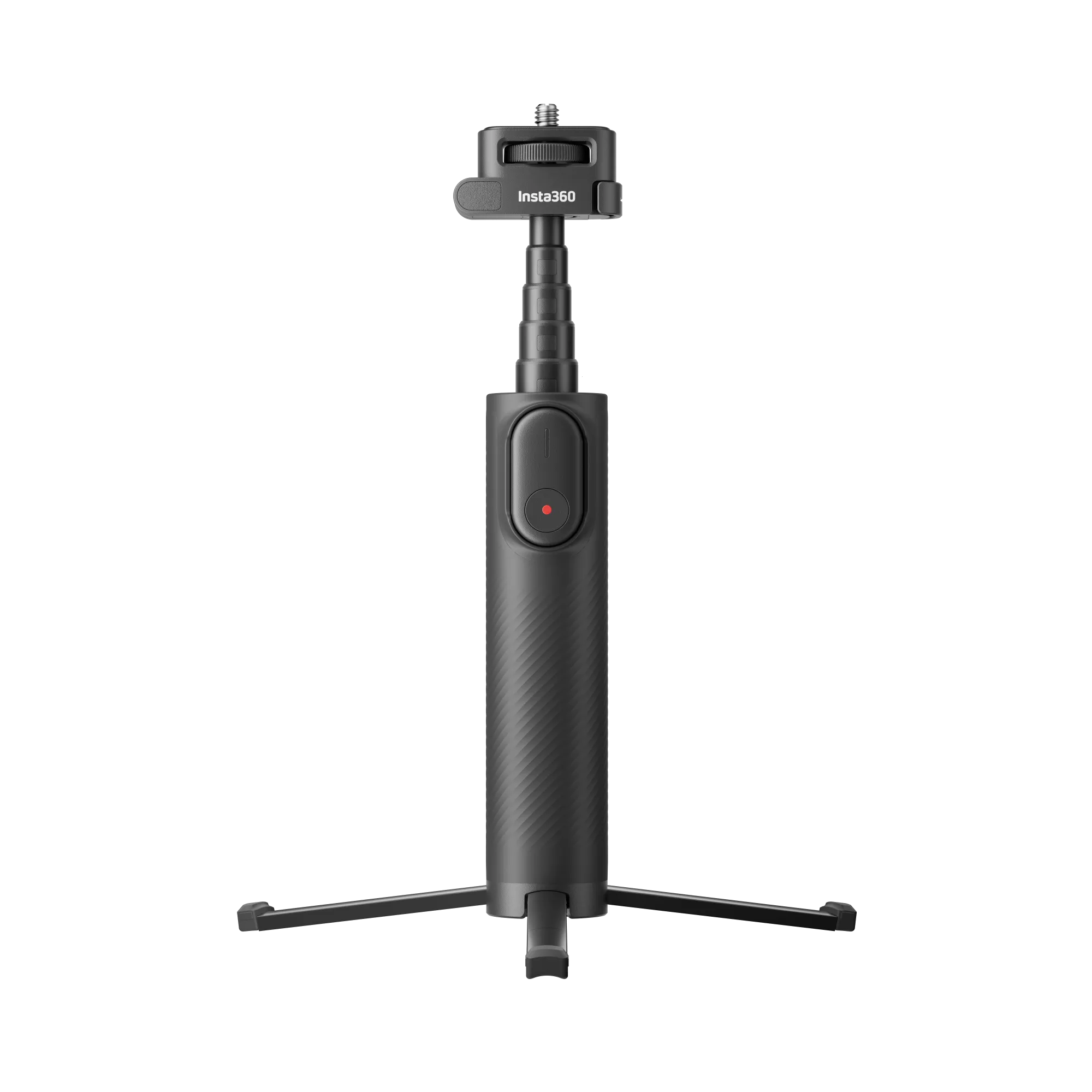 Schwarzer Insta360 Selfie-Stick mit Stativbeinen. Er hat einen Knopf mit rotem Licht und das Insta360-Logo.