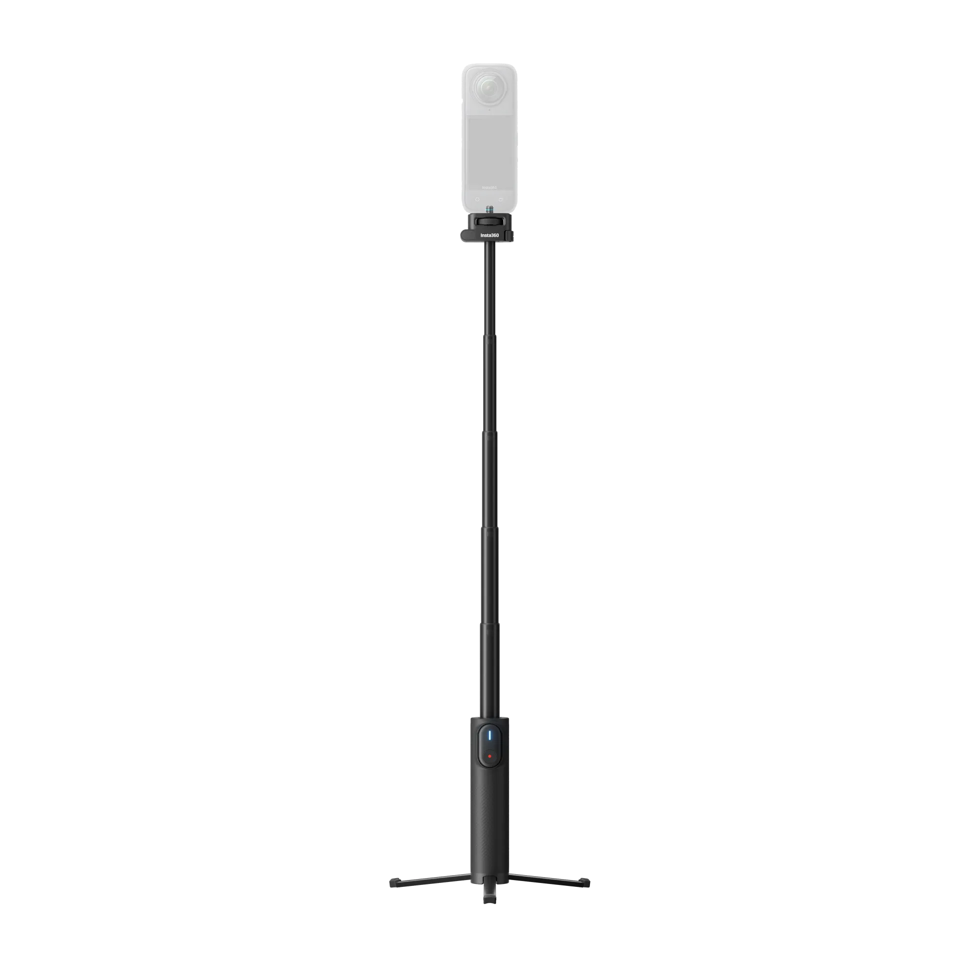 Eine weiße Kamera auf einem schwarzen Selfie-Stick montiert. Der Selfie-Stick steht auf einem Stativ, alles vor schwarzem Hintergrund.