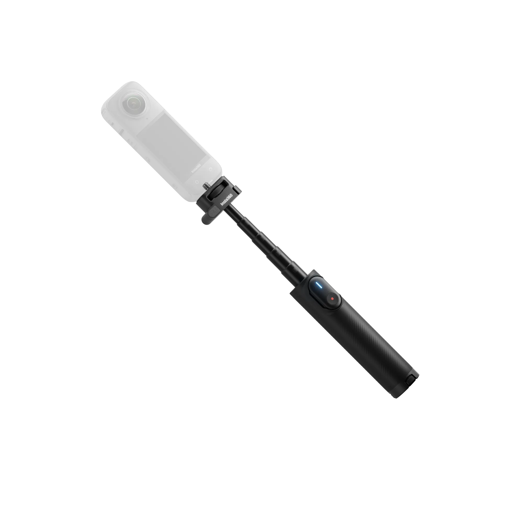 Eine weiße Kamera auf einem schwarzen Selfie-Stick, auf schwarzem Hintergrund. Der Stick hat einen schwarzen Griff.