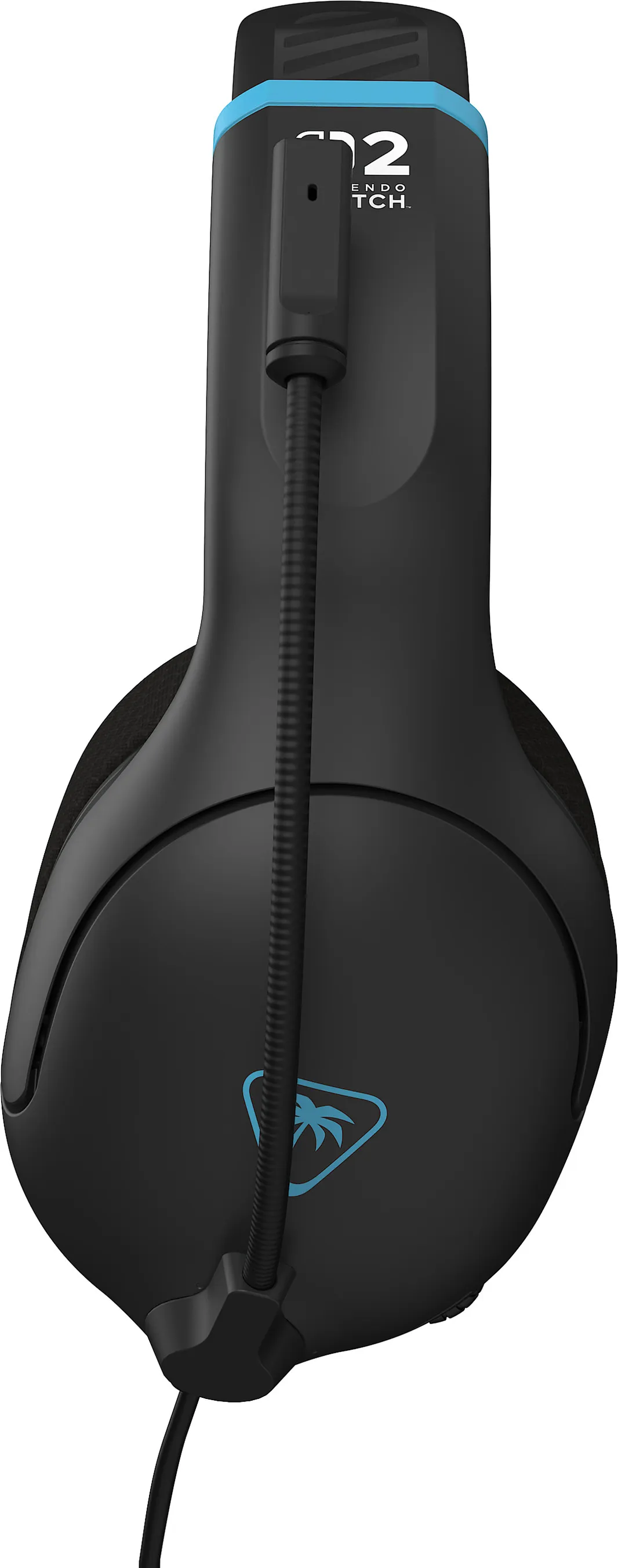 Schwarzes Headset mit blauen Akzenten. Verfügt über ein Mikrofon und ein Kabel. Das Turtle Beach-Logo ist sichtbar.